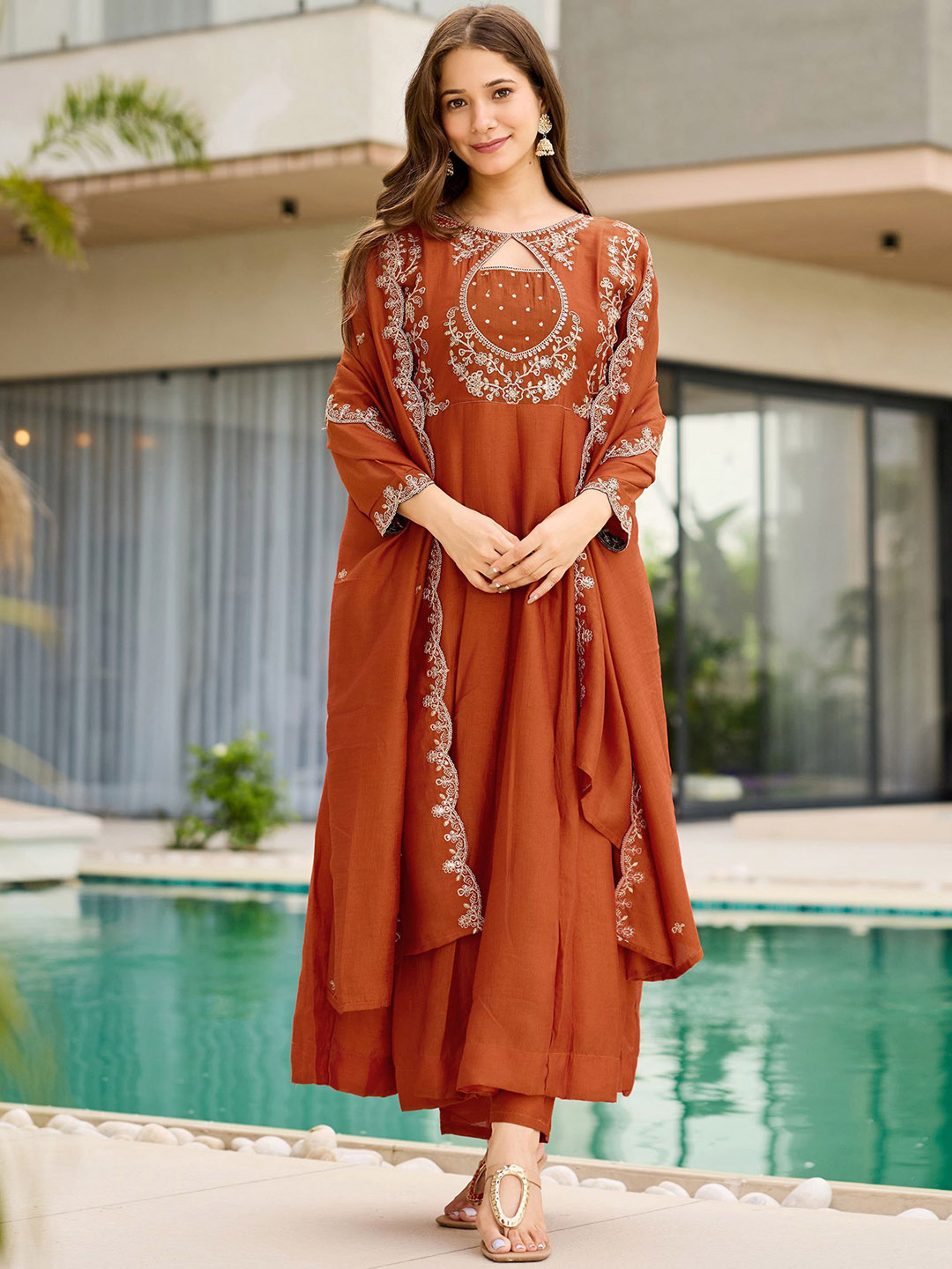 Vichitra Embroidered Anarkali Kurti Pant Set with Dupatta for Women