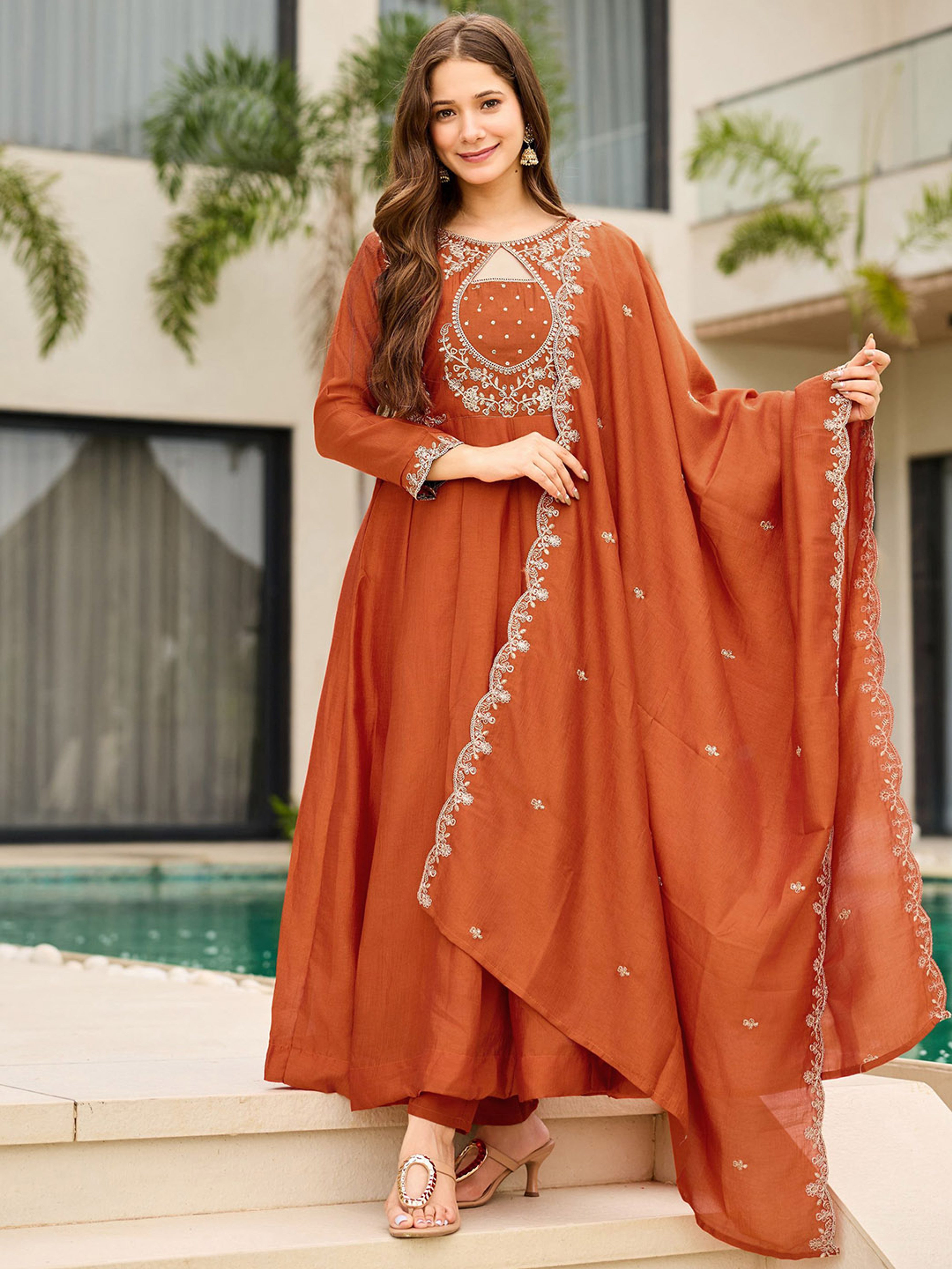 Vichitra Embroidered Anarkali Kurti Pant Set with Dupatta for Women