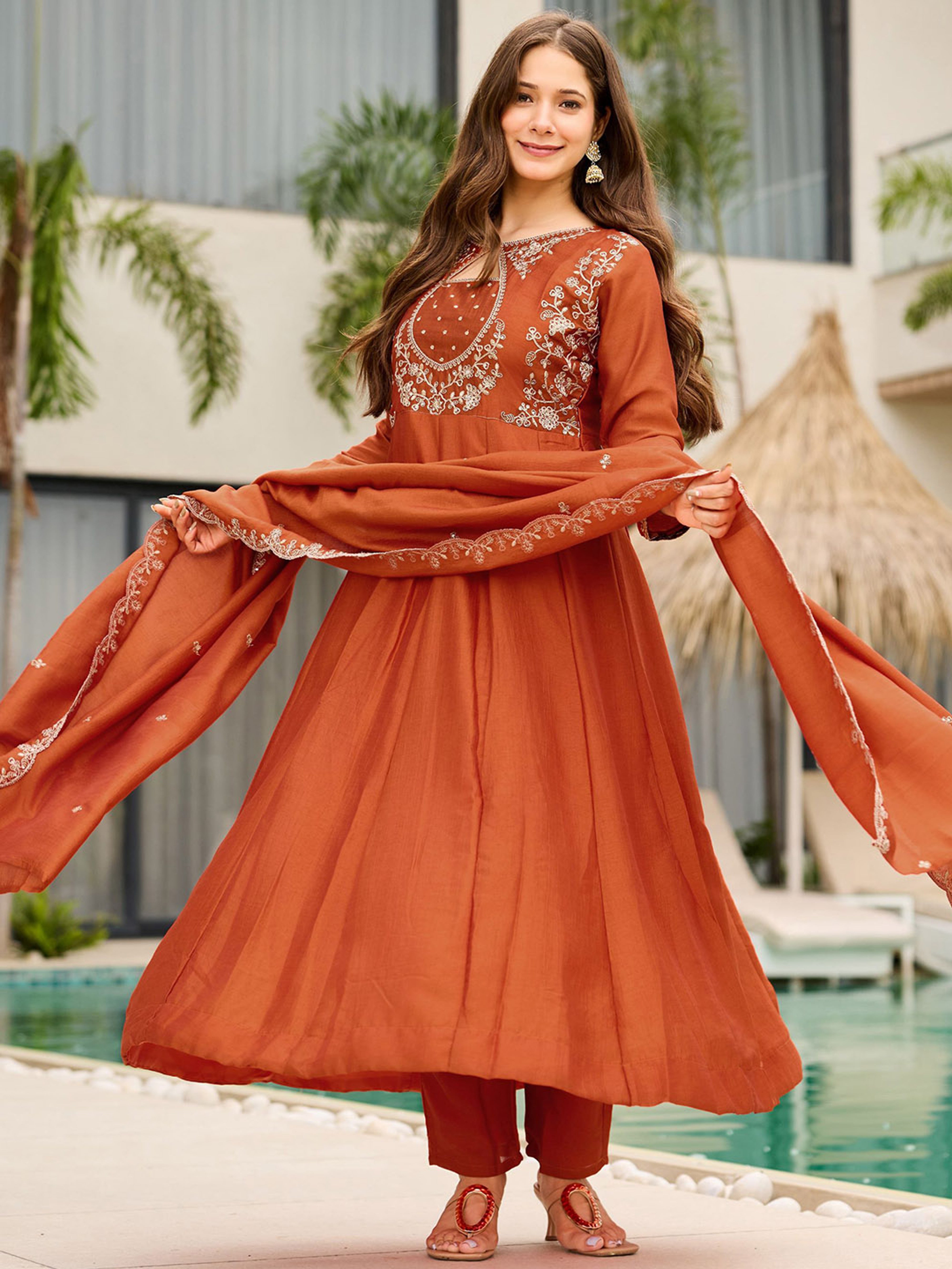 Vichitra Embroidered Anarkali Kurti Pant Set with Dupatta for Women