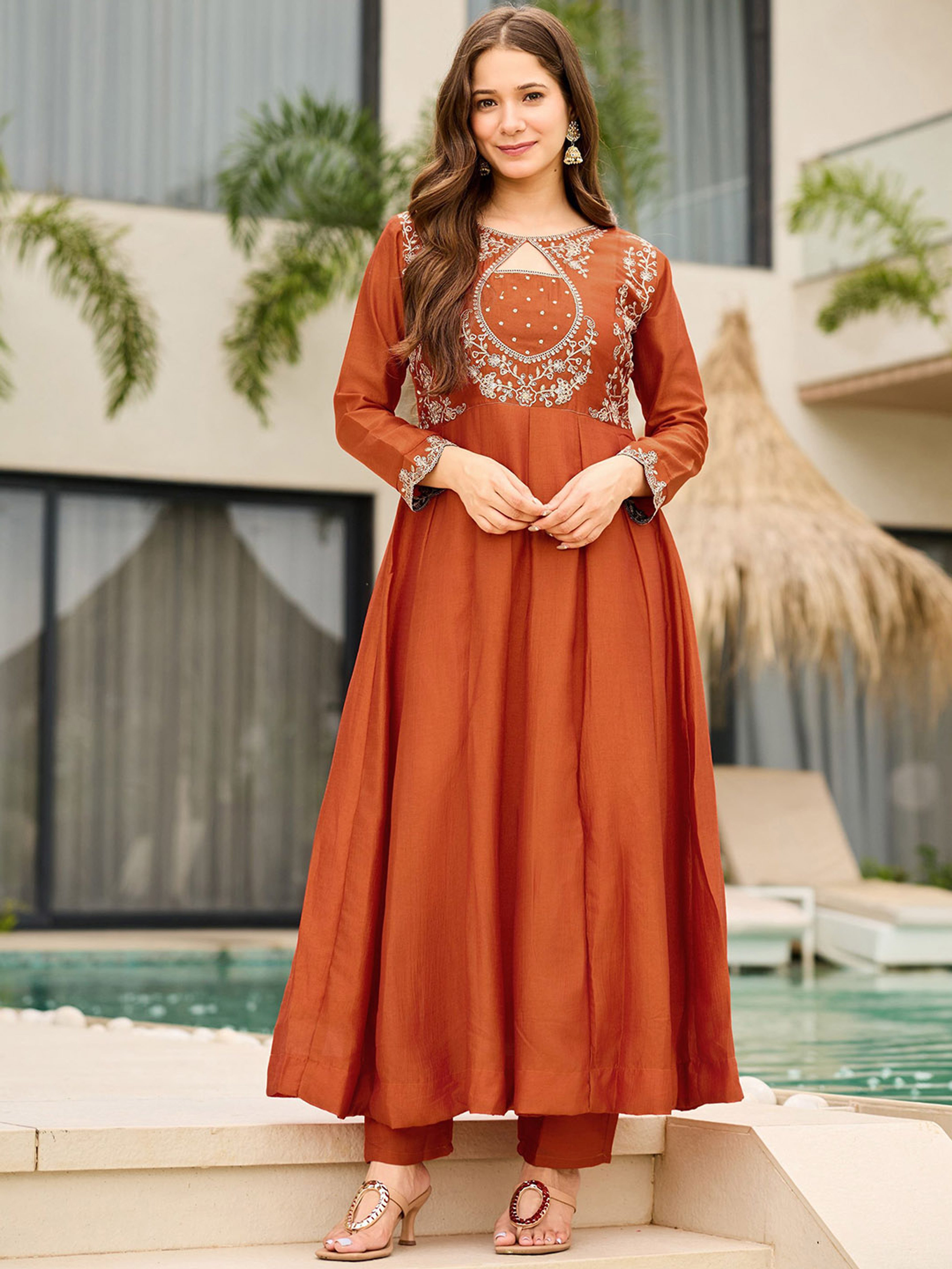 Vichitra Embroidered Anarkali Kurti Pant Set with Dupatta for Women