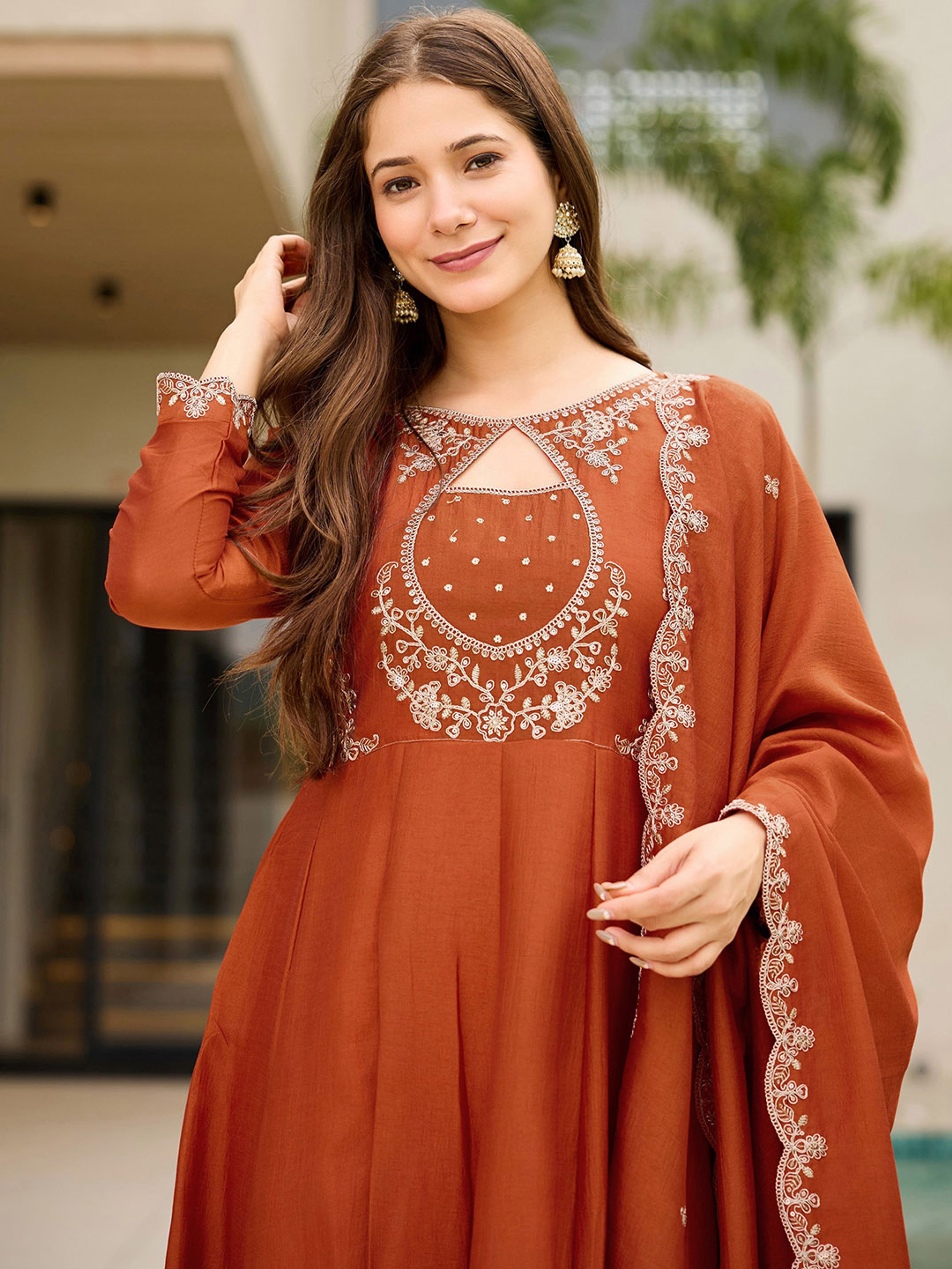 Vichitra Embroidered Anarkali Kurti Pant Set with Dupatta for Women