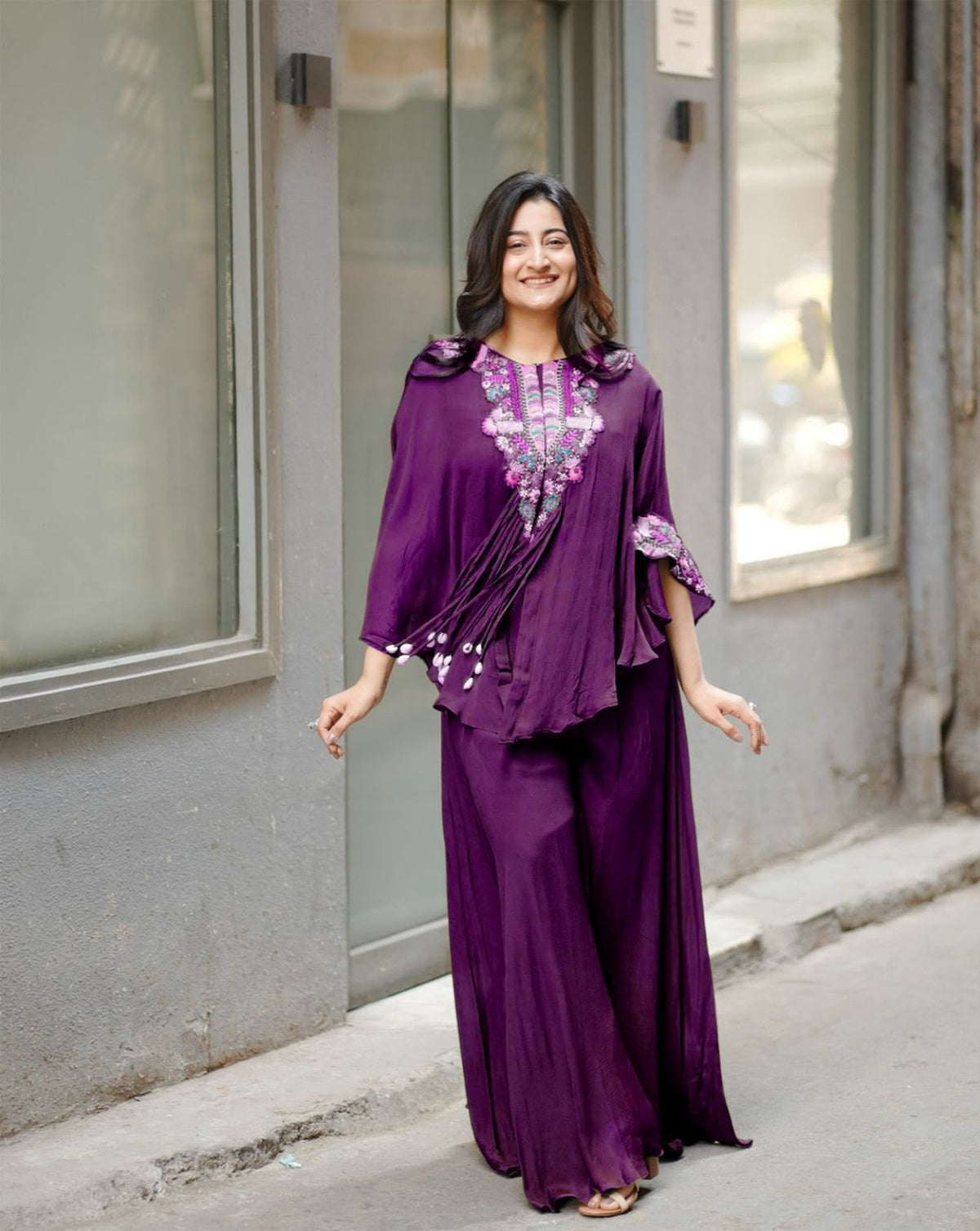 Indo Western Air Tex Chinon Co-Ord Set with Sequins Embroidery