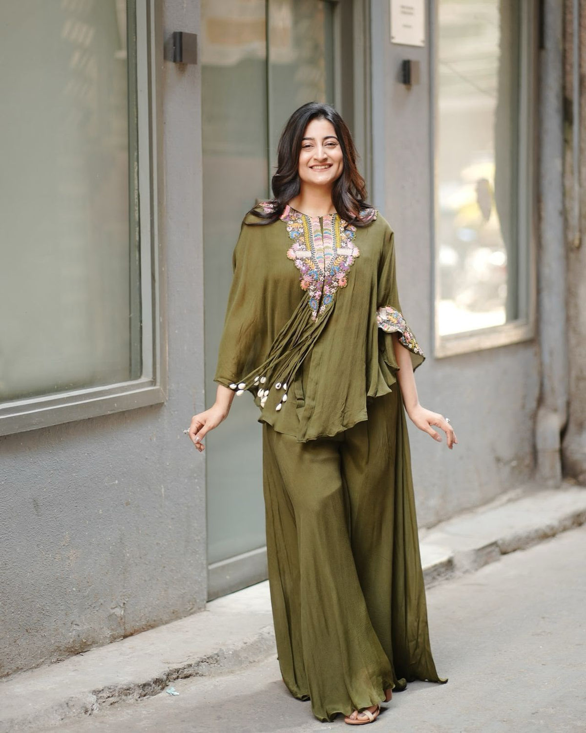 Indo Western Air Tex Chinon Co-Ord Set with Sequins Embroidery