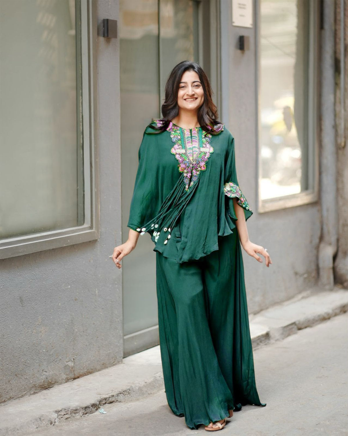 Indo Western Air Tex Chinon Co-Ord Set with Sequins Embroidery