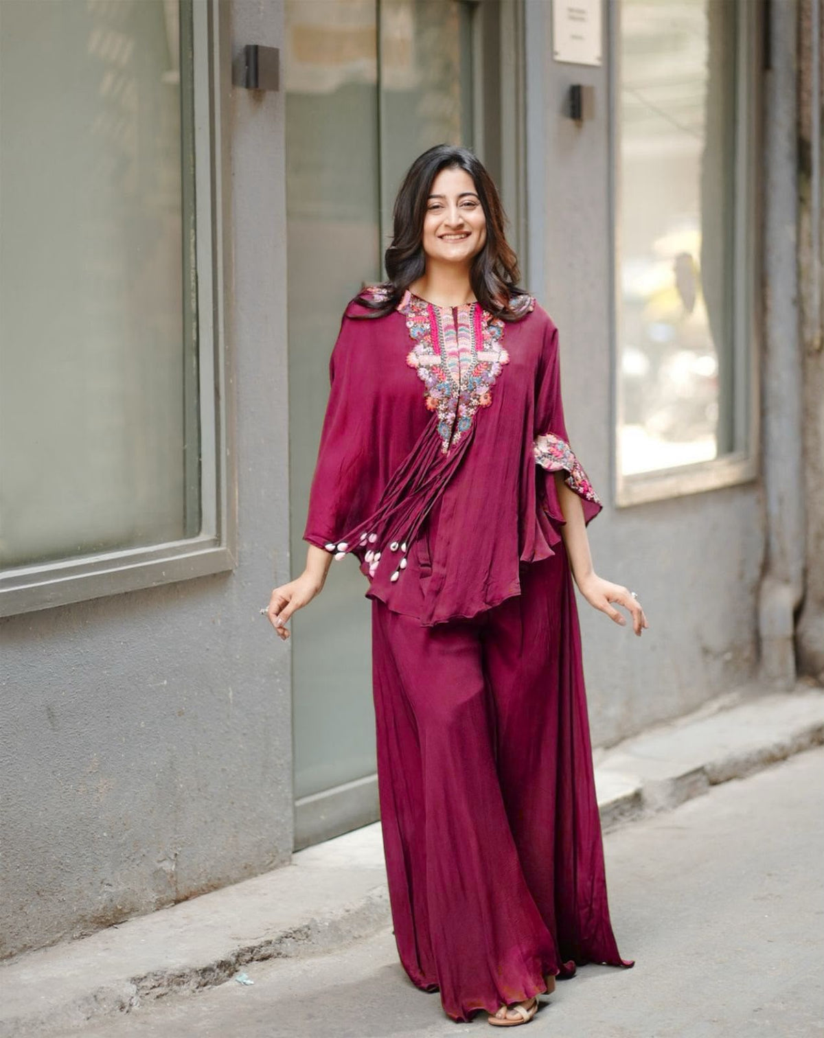 Indo Western Air Tex Chinon Co-Ord Set with Sequins Embroidery