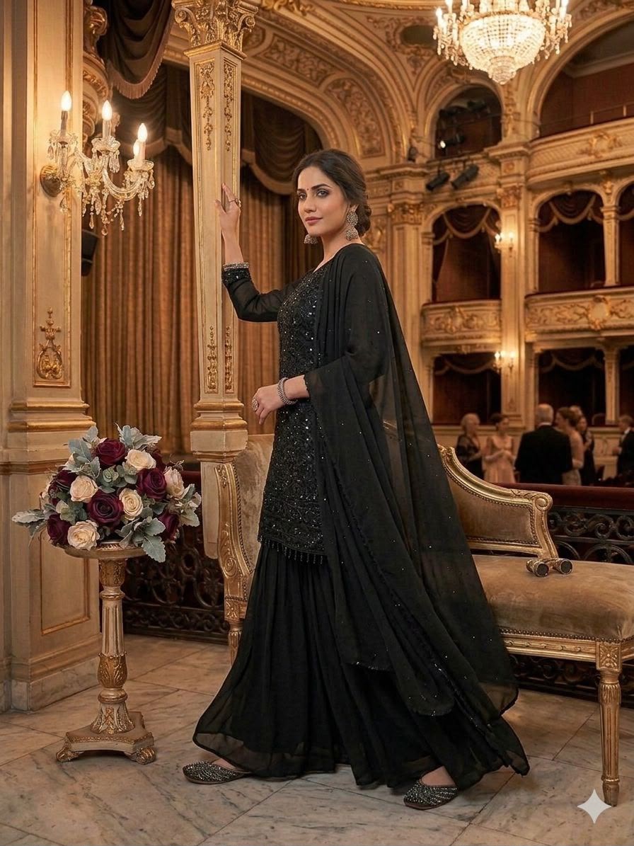 Black Beads Embroidered Palazzo Set