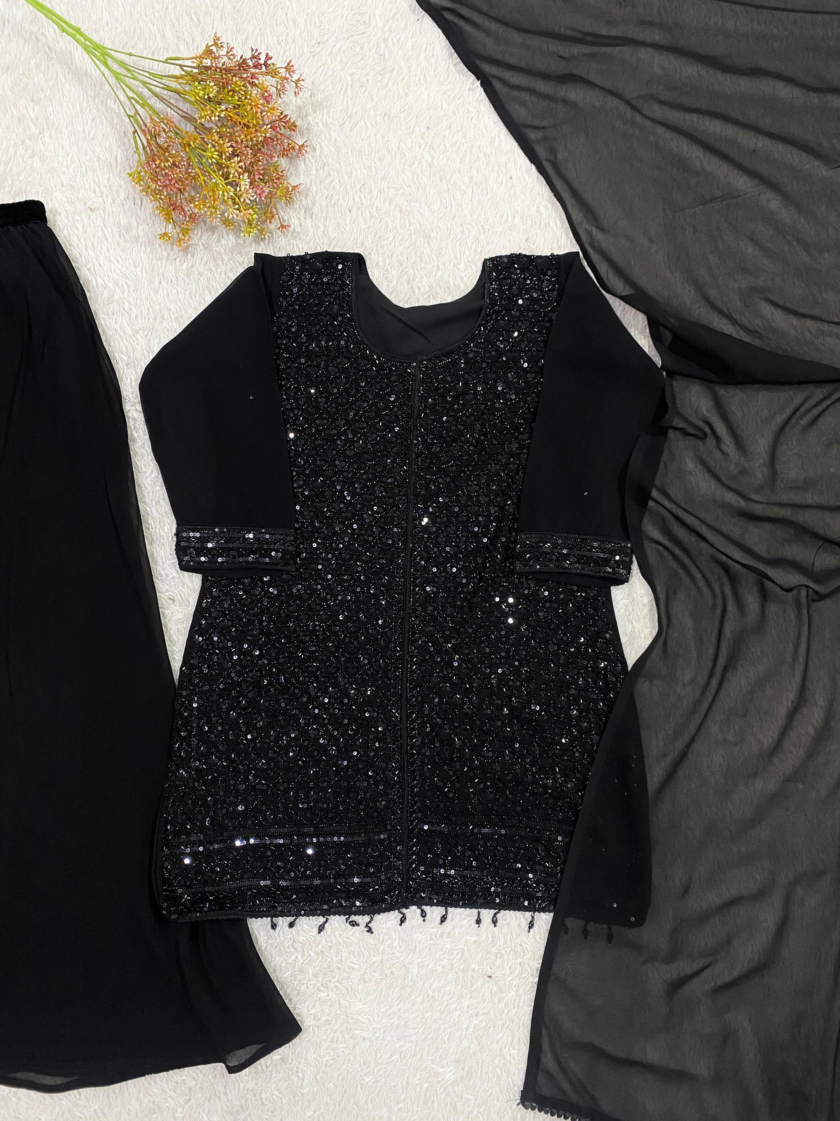 Black Beads Embroidered Palazzo Set