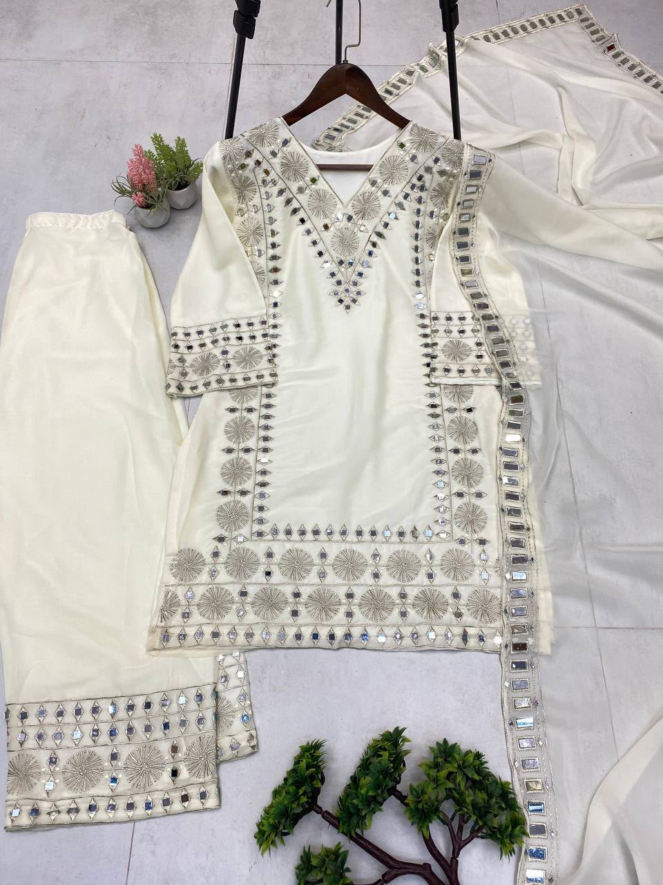 White Georgette Mirror Work Palazzo Suit Set