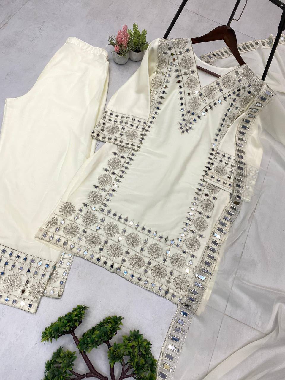 White Georgette Mirror Work Palazzo Suit Set