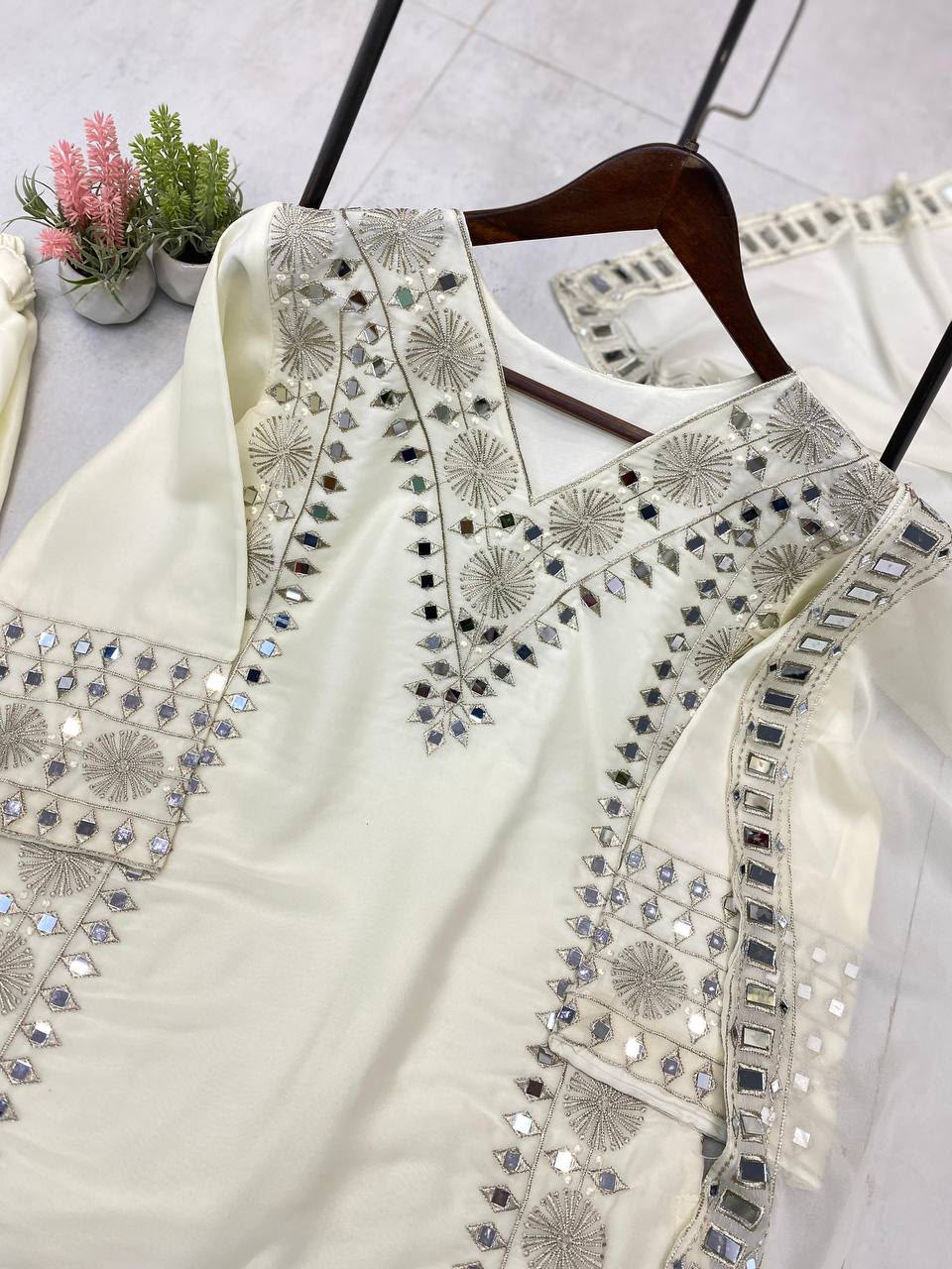 White Georgette Mirror Work Palazzo Suit Set