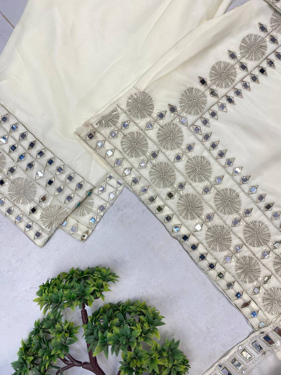 White Georgette Mirror Work Palazzo Suit Set
