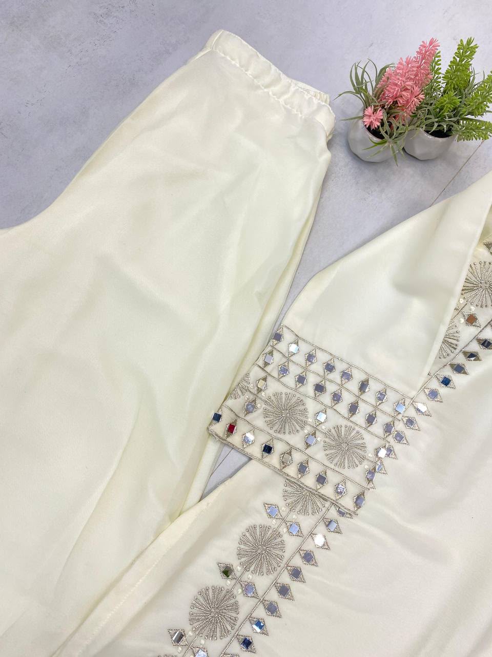 White Georgette Mirror Work Palazzo Suit Set