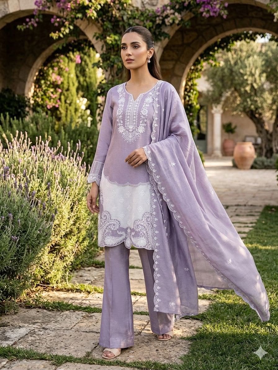 Lavender Air Tex Chinon Embroidered Suit Set