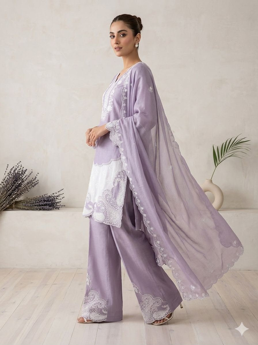 Lavender Air Tex Chinon Embroidered Suit Set