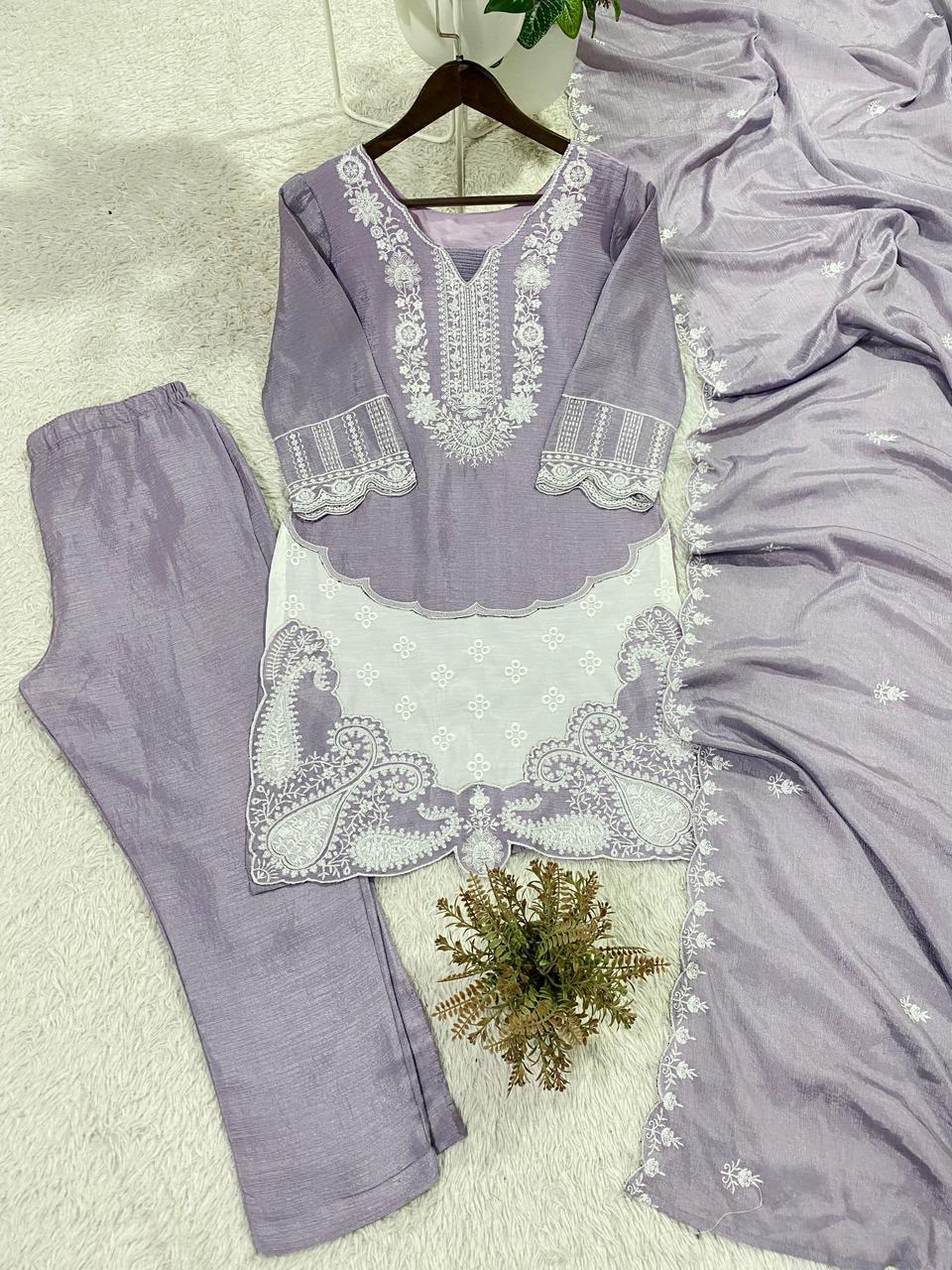 Lavender Air Tex Chinon Embroidered Suit Set