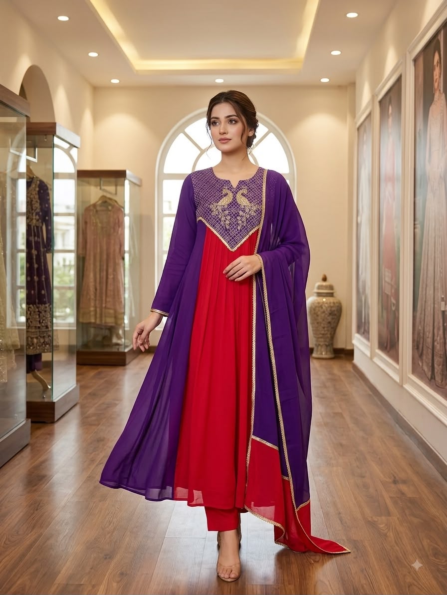 Mul Chanderi Embroidered Kurti Pant Dupatta Set