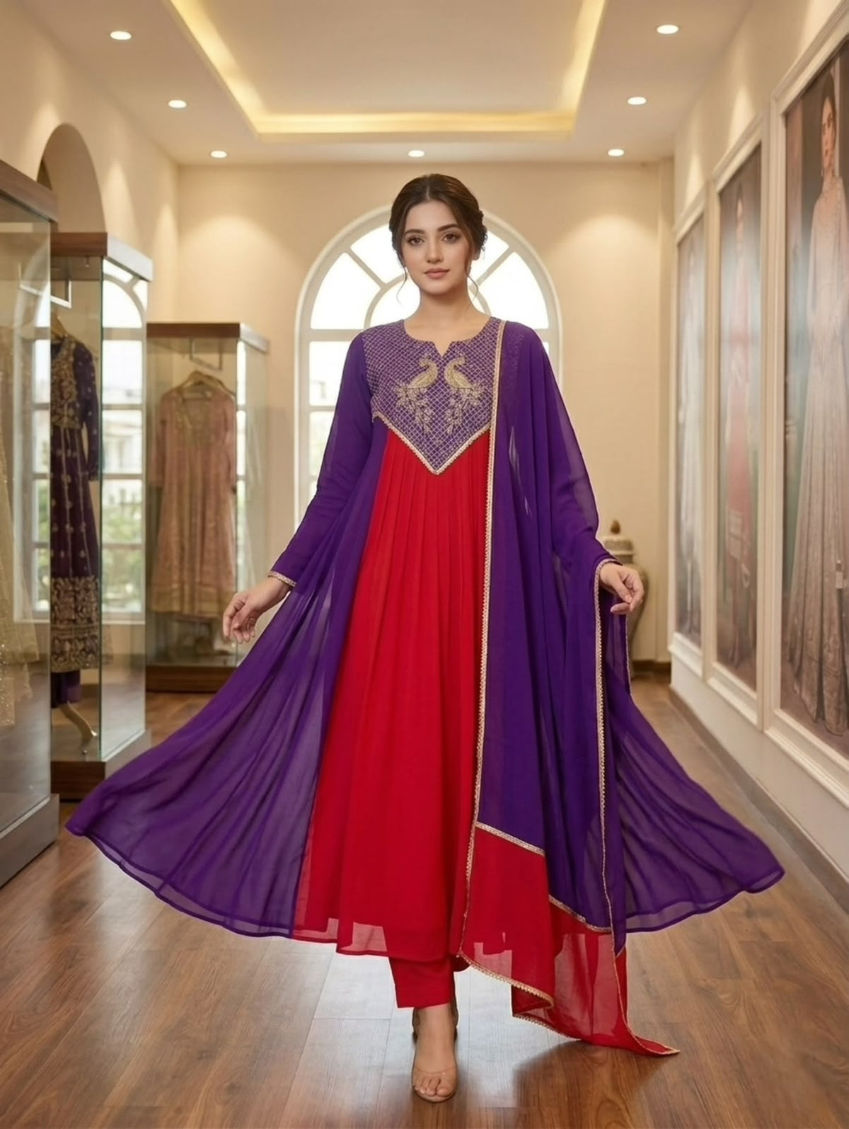 Mul Chanderi Embroidered Kurti Pant Dupatta Set