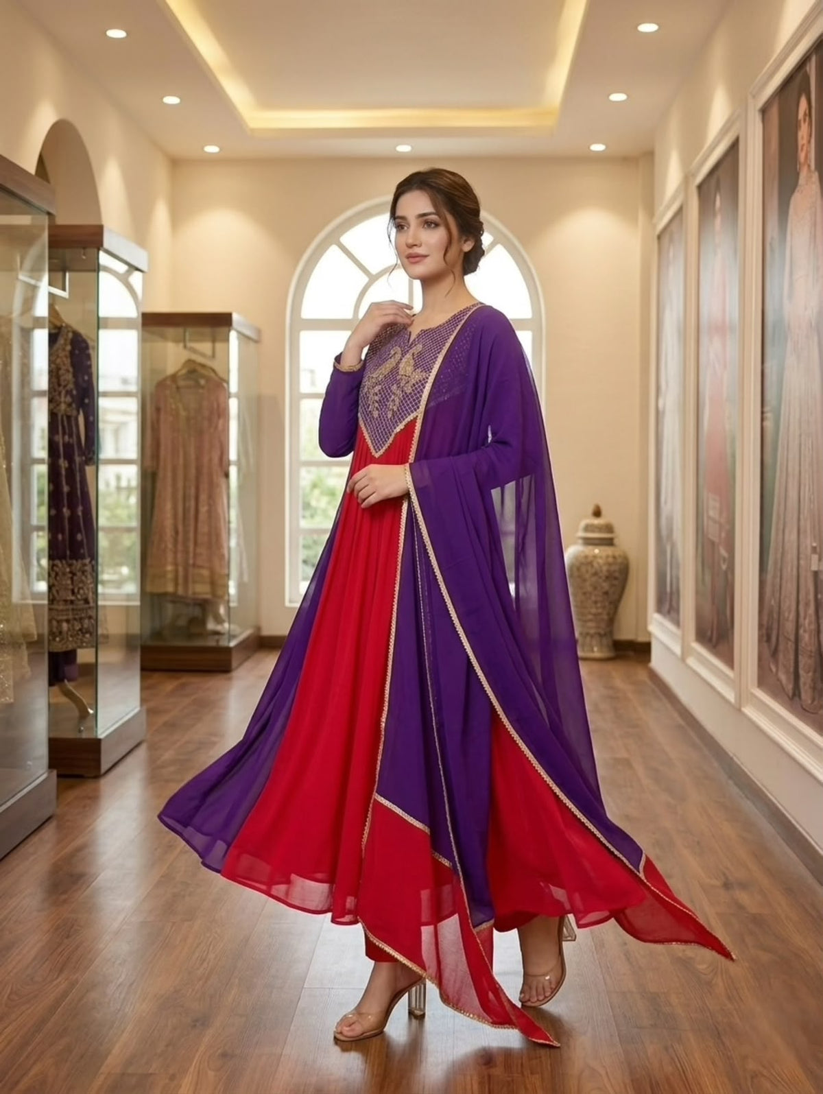 Mul Chanderi Embroidered Kurti Pant Dupatta Set