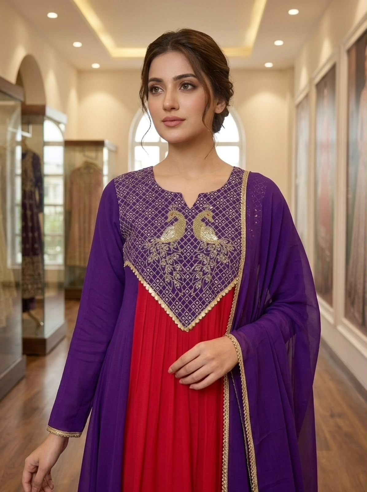 Mul Chanderi Embroidered Kurti Pant Dupatta Set