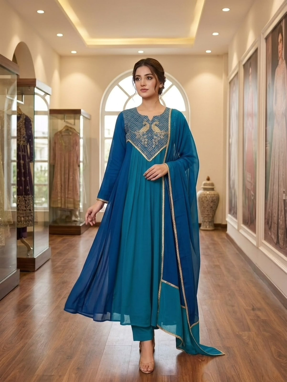 Mul Chanderi Embroidered Kurti Pant Dupatta Set