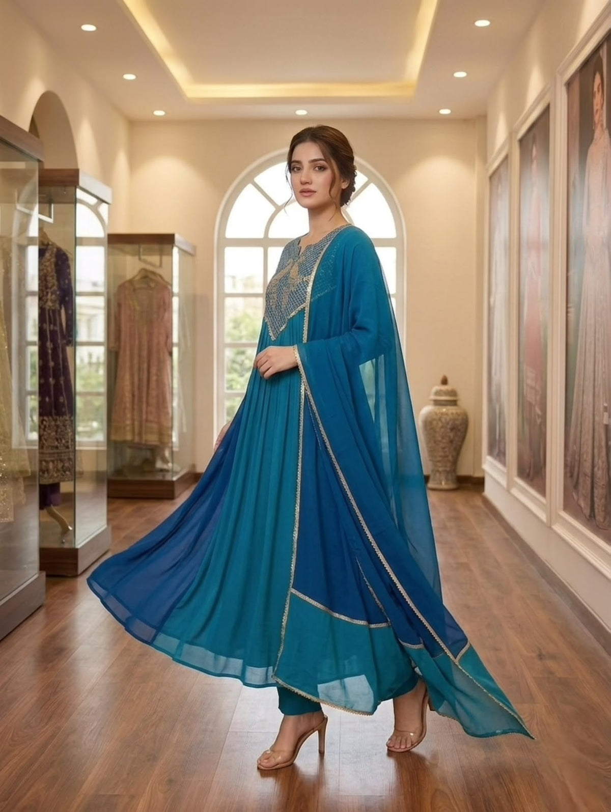 Mul Chanderi Embroidered Kurti Pant Dupatta Set