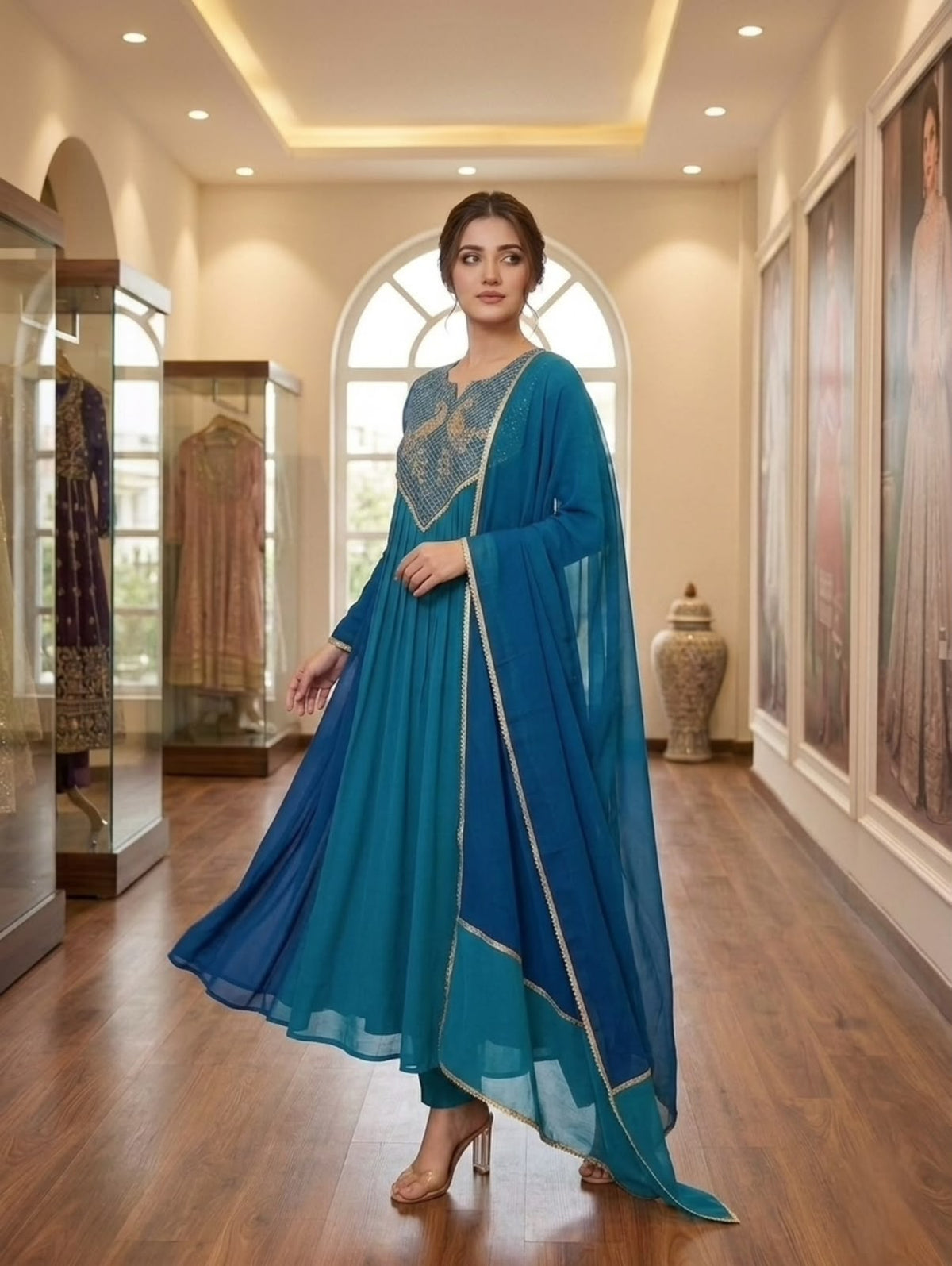 Mul Chanderi Embroidered Kurti Pant Dupatta Set