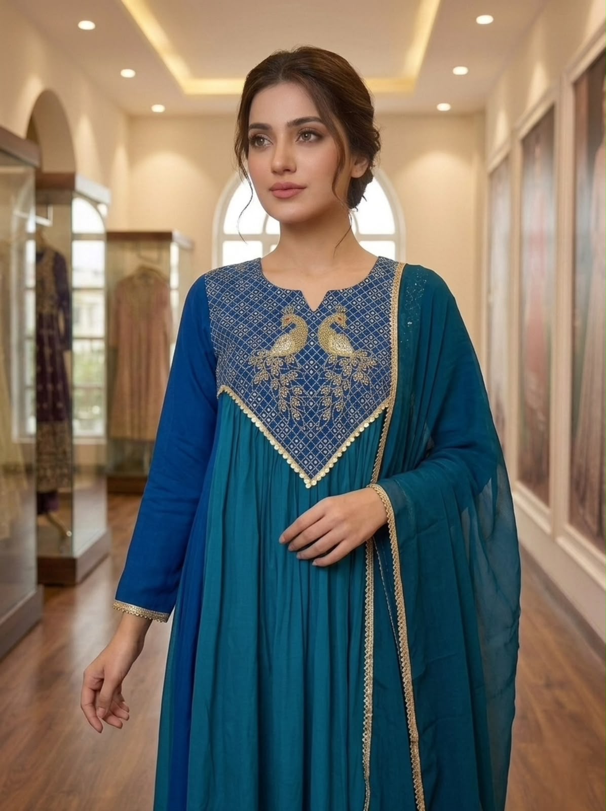 Mul Chanderi Embroidered Kurti Pant Dupatta Set