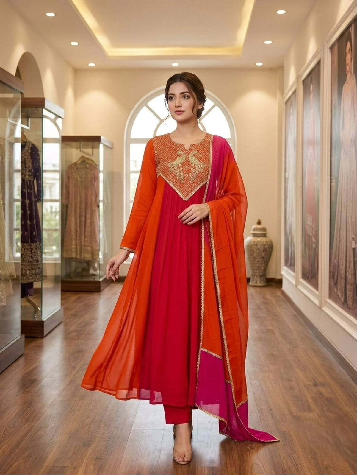 Mul Chanderi Embroidered Kurti Pant Dupatta Set