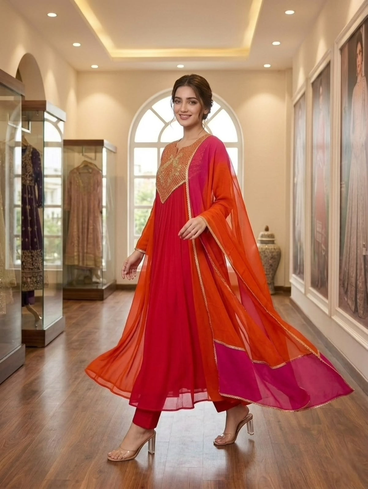 Mul Chanderi Embroidered Kurti Pant Dupatta Set