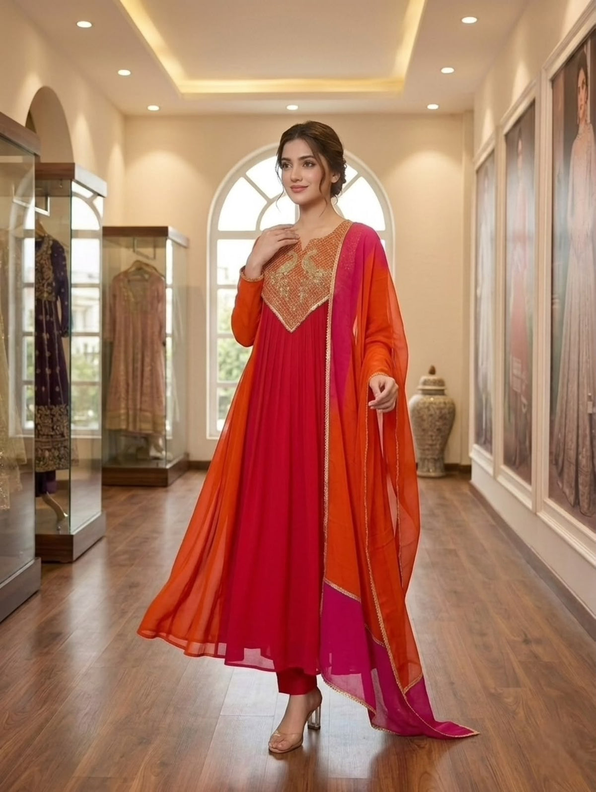 Mul Chanderi Embroidered Kurti Pant Dupatta Set
