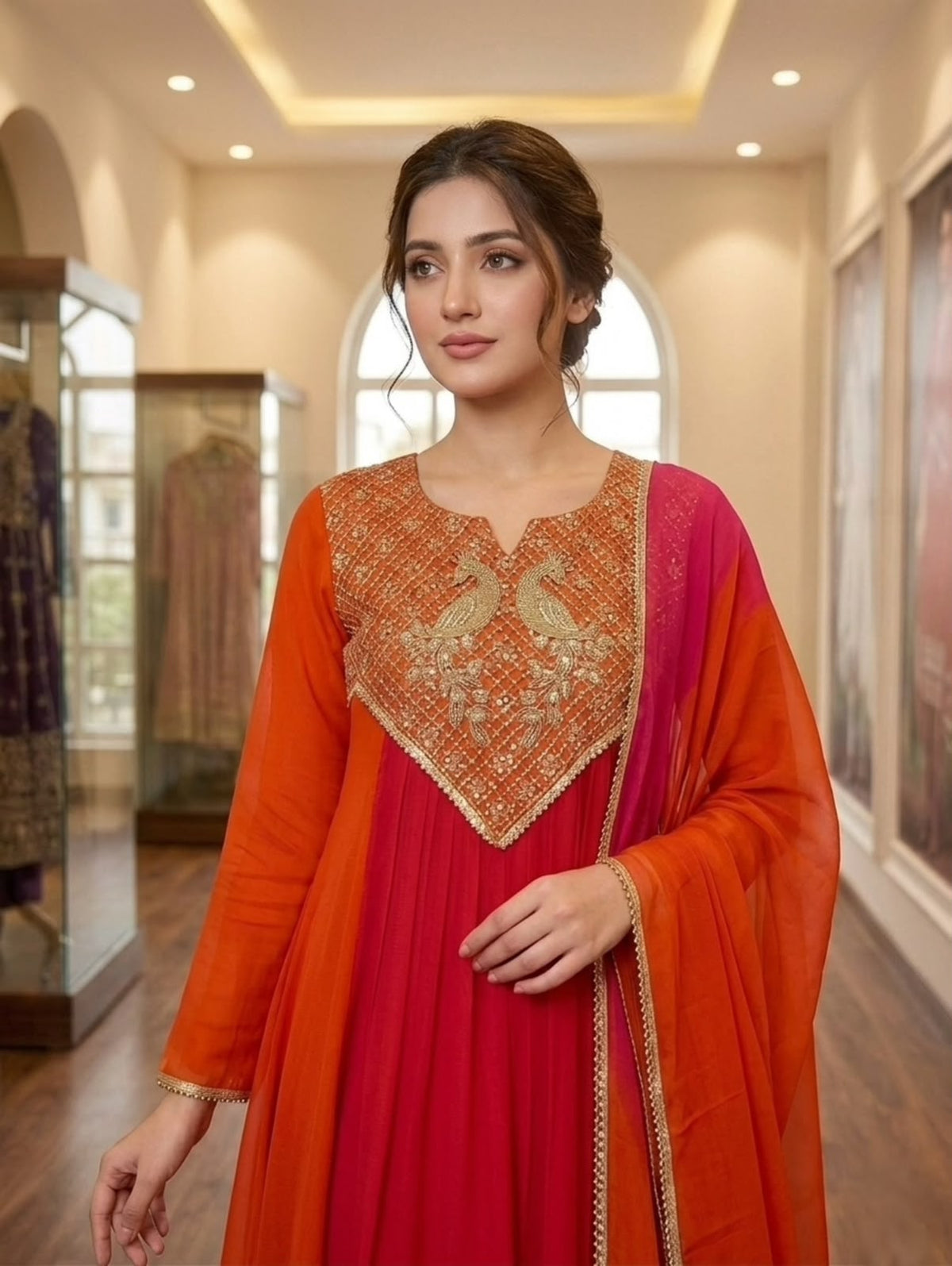 Mul Chanderi Embroidered Kurti Pant Dupatta Set