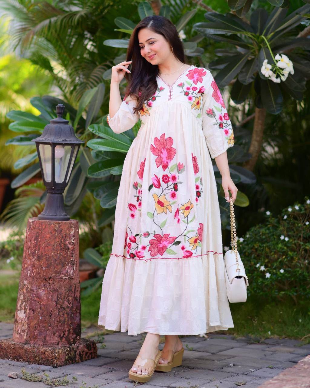 Floral Embroidered Rayon Maxi Gown for Women
