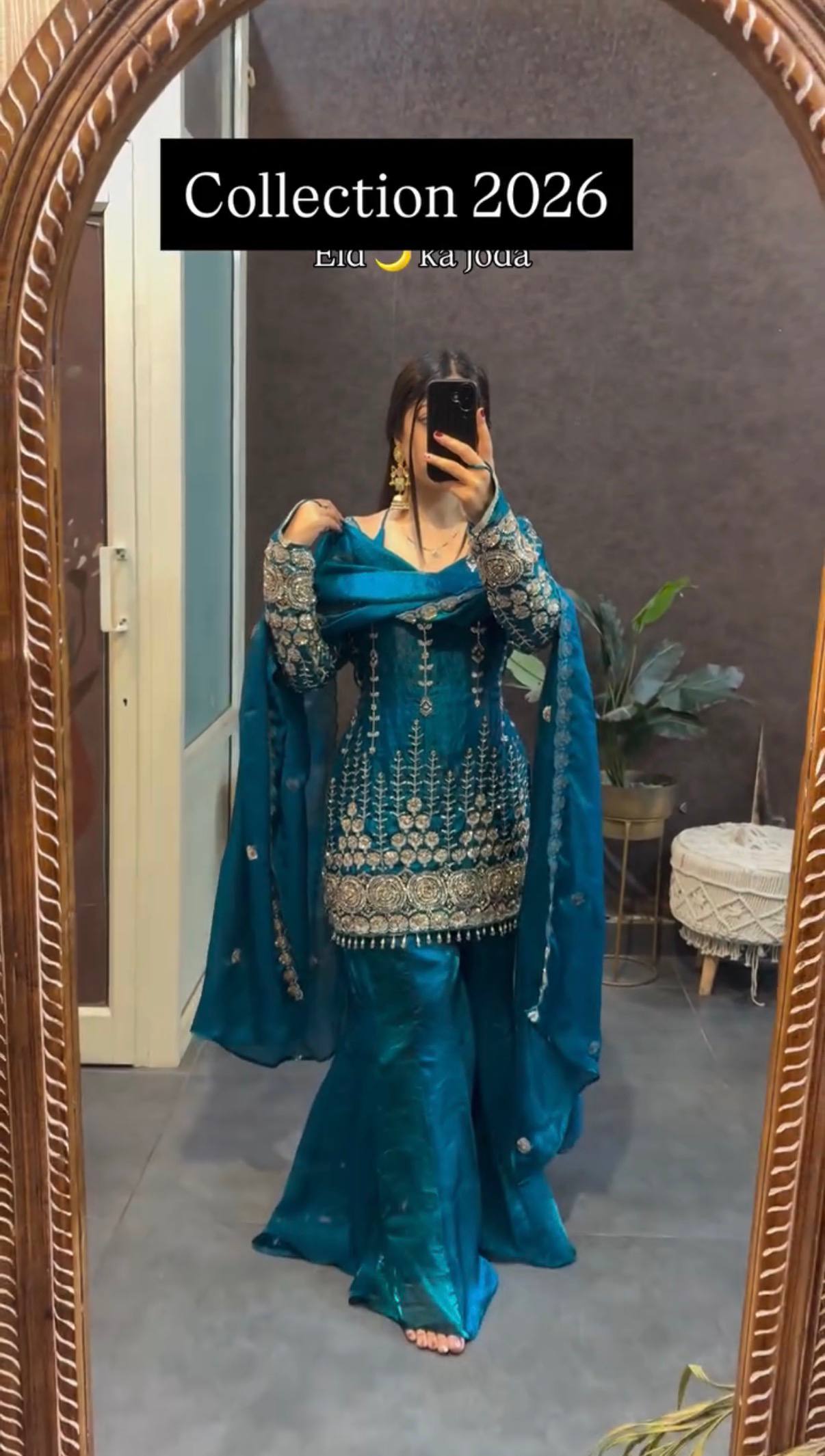 Teal Fendy Satin Embroidered Kurti Palazzo Set with Dupatta | Heavy Beads & Cut Dana Work Designer Party Wear Suit