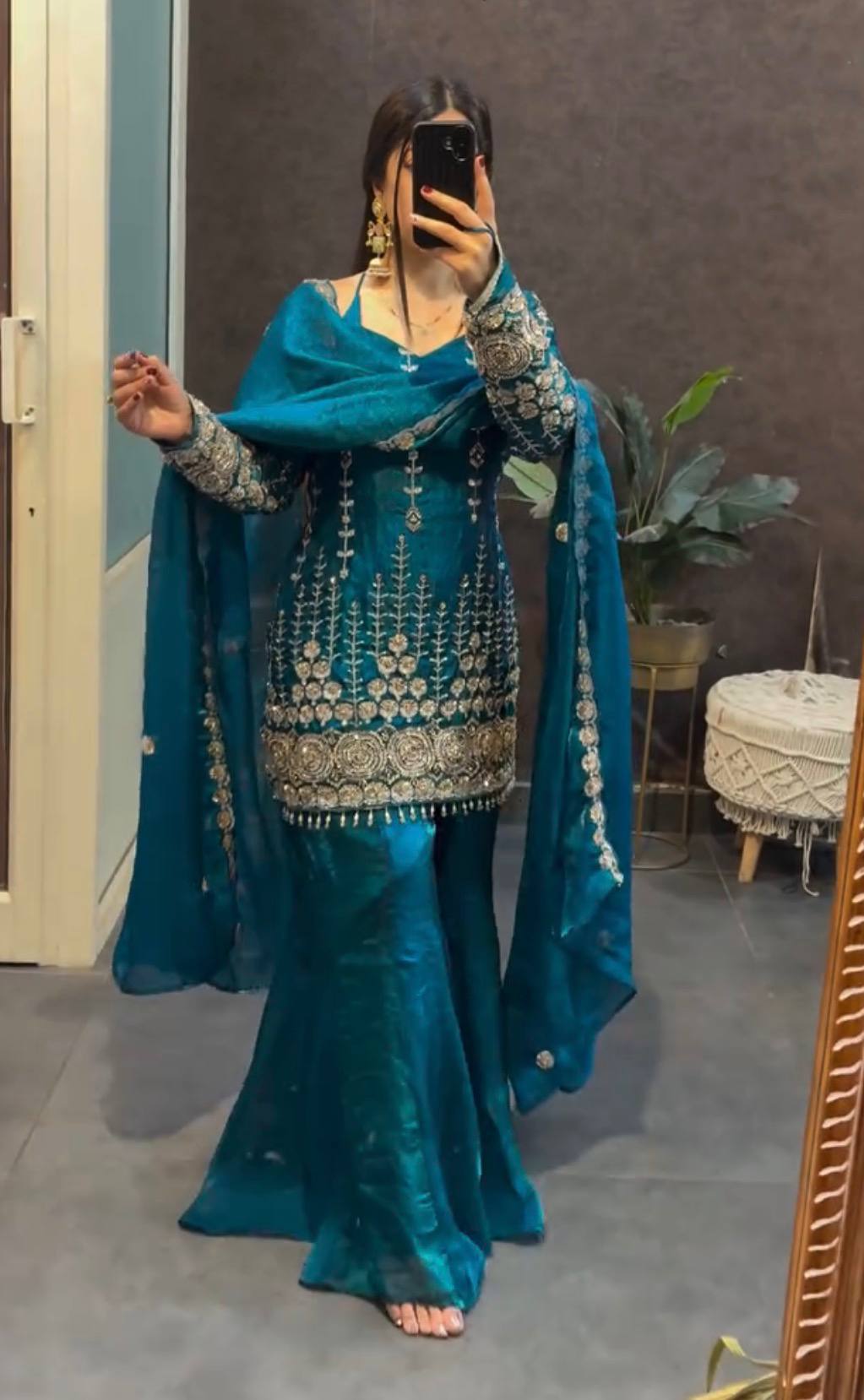 Teal Fendy Satin Embroidered Kurti Palazzo Set with Dupatta | Heavy Beads & Cut Dana Work Designer Party Wear Suit