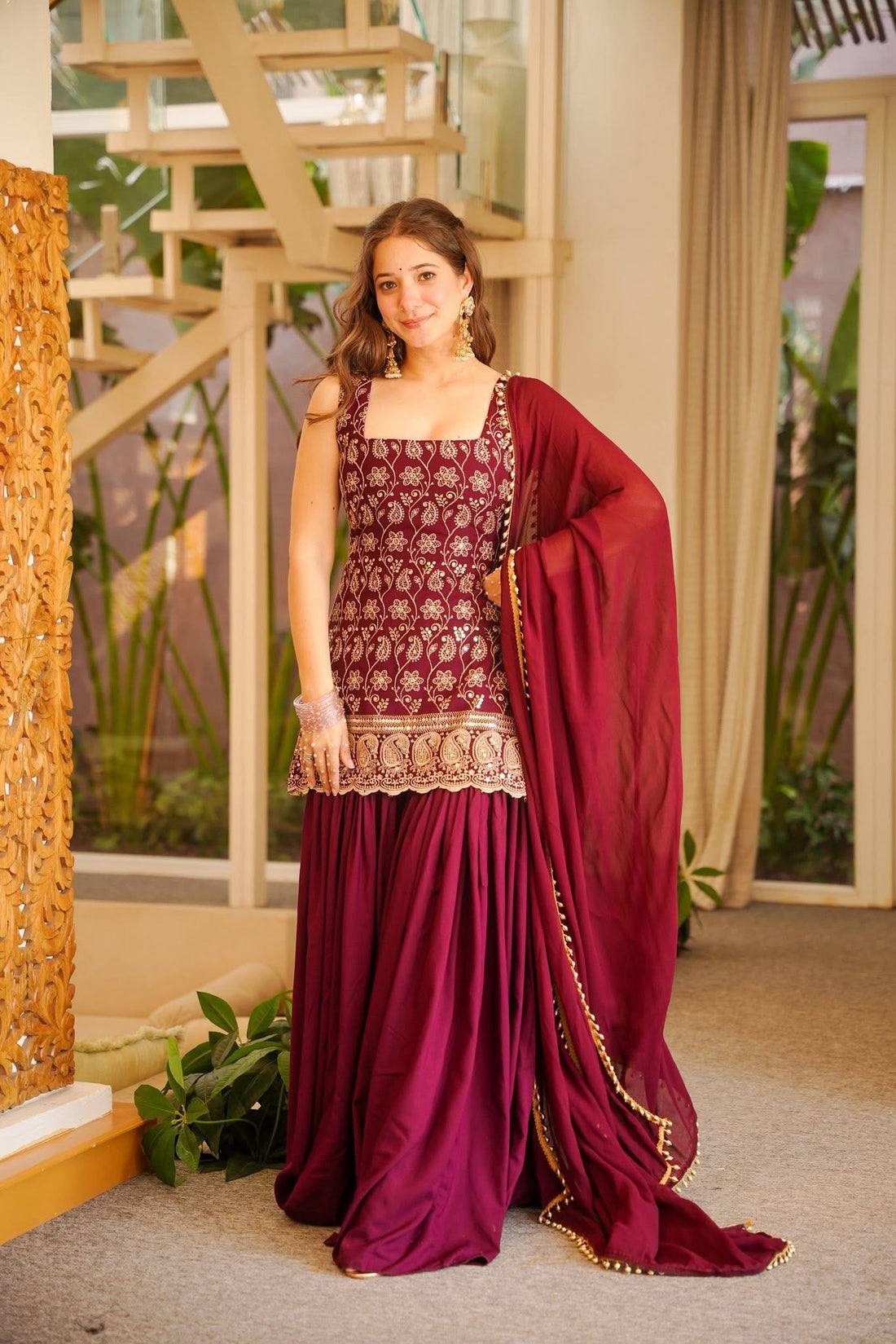Designer Wine Sharara Suit Set for Women | Heavy Embroidered Party Wear Sharara with Dupatta