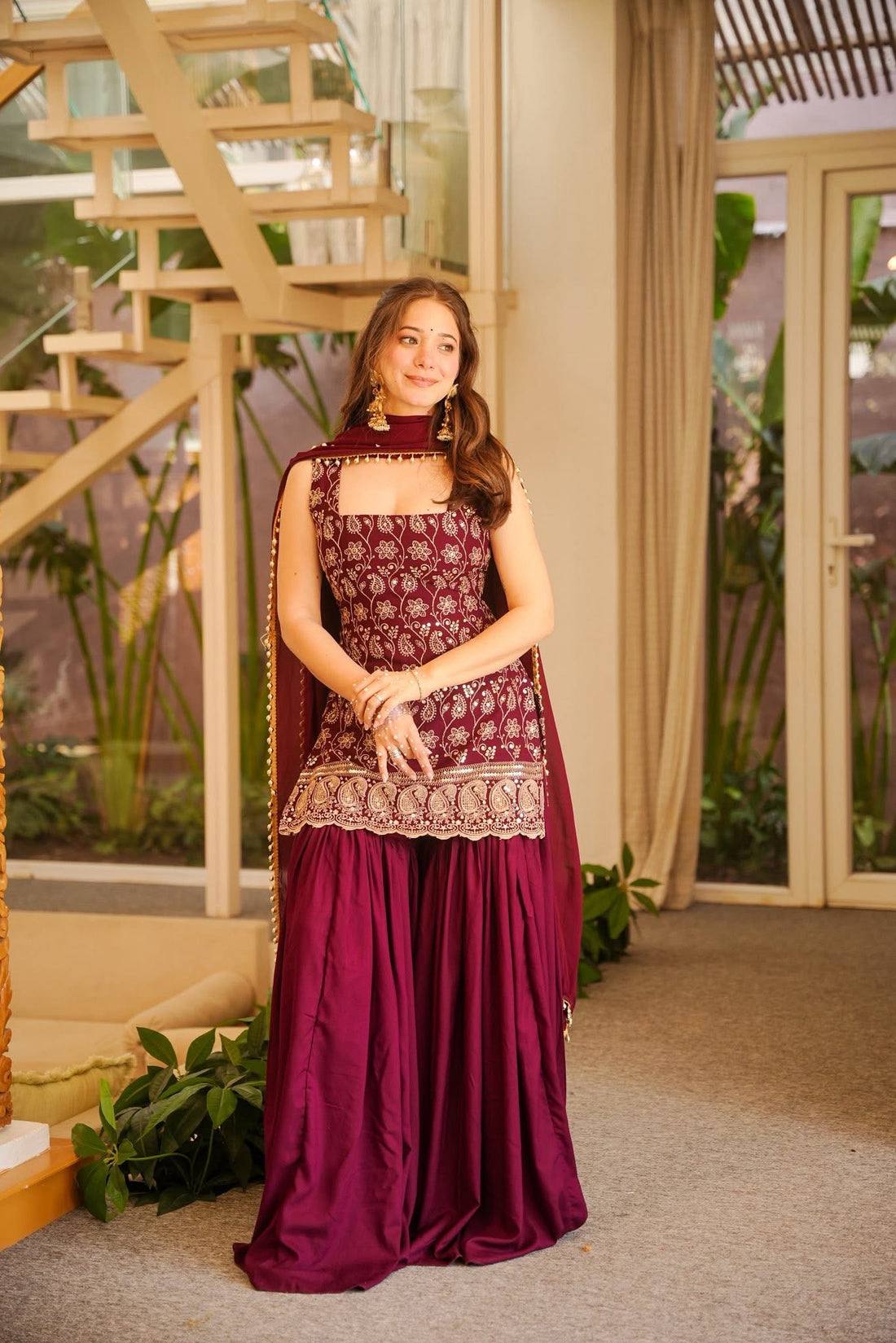 Designer Wine Sharara Suit Set for Women | Heavy Embroidered Party Wear Sharara with Dupatta