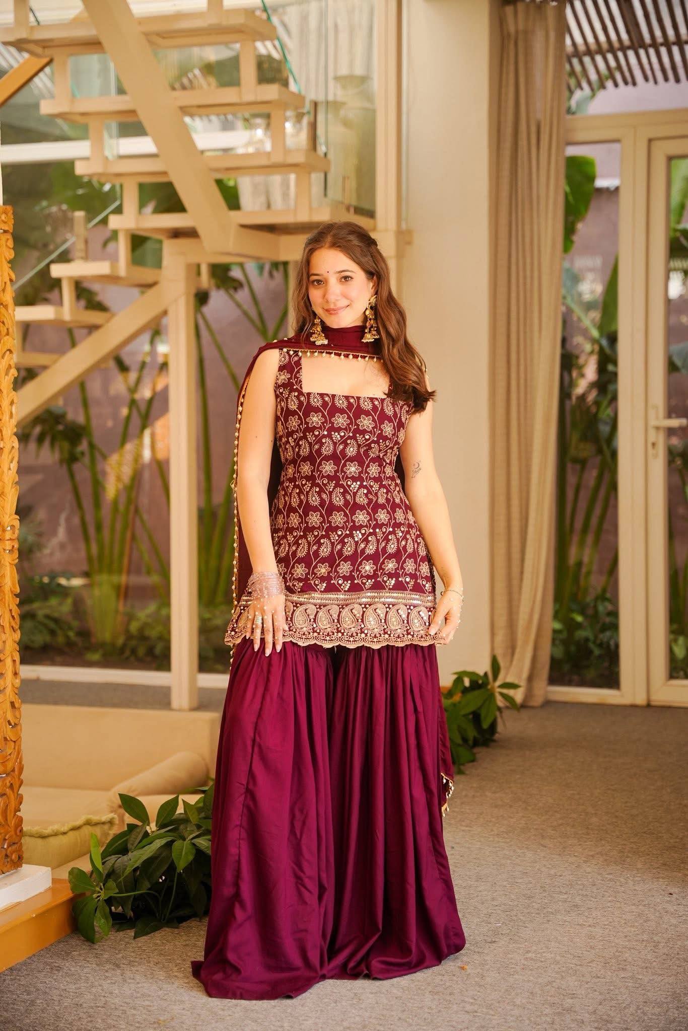 Designer Wine Sharara Suit Set for Women | Heavy Embroidered Party Wear Sharara with Dupatta
