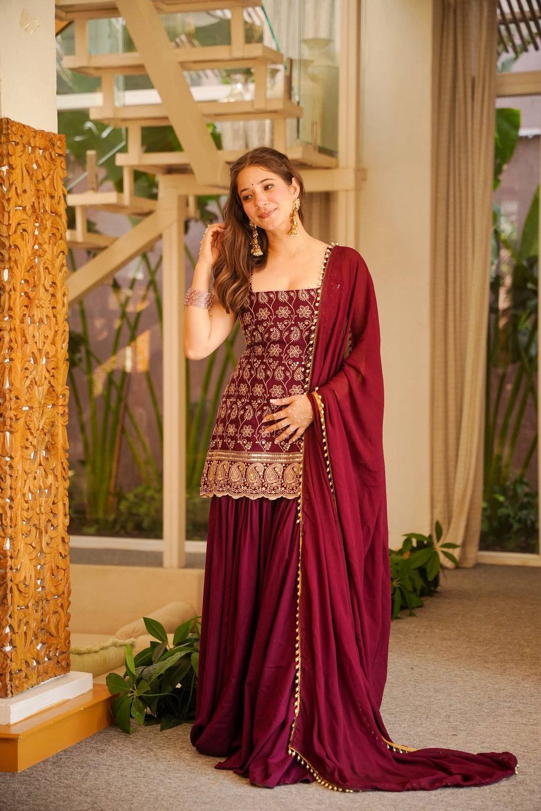 Designer Wine Sharara Suit Set for Women | Heavy Embroidered Party Wear Sharara with Dupatta