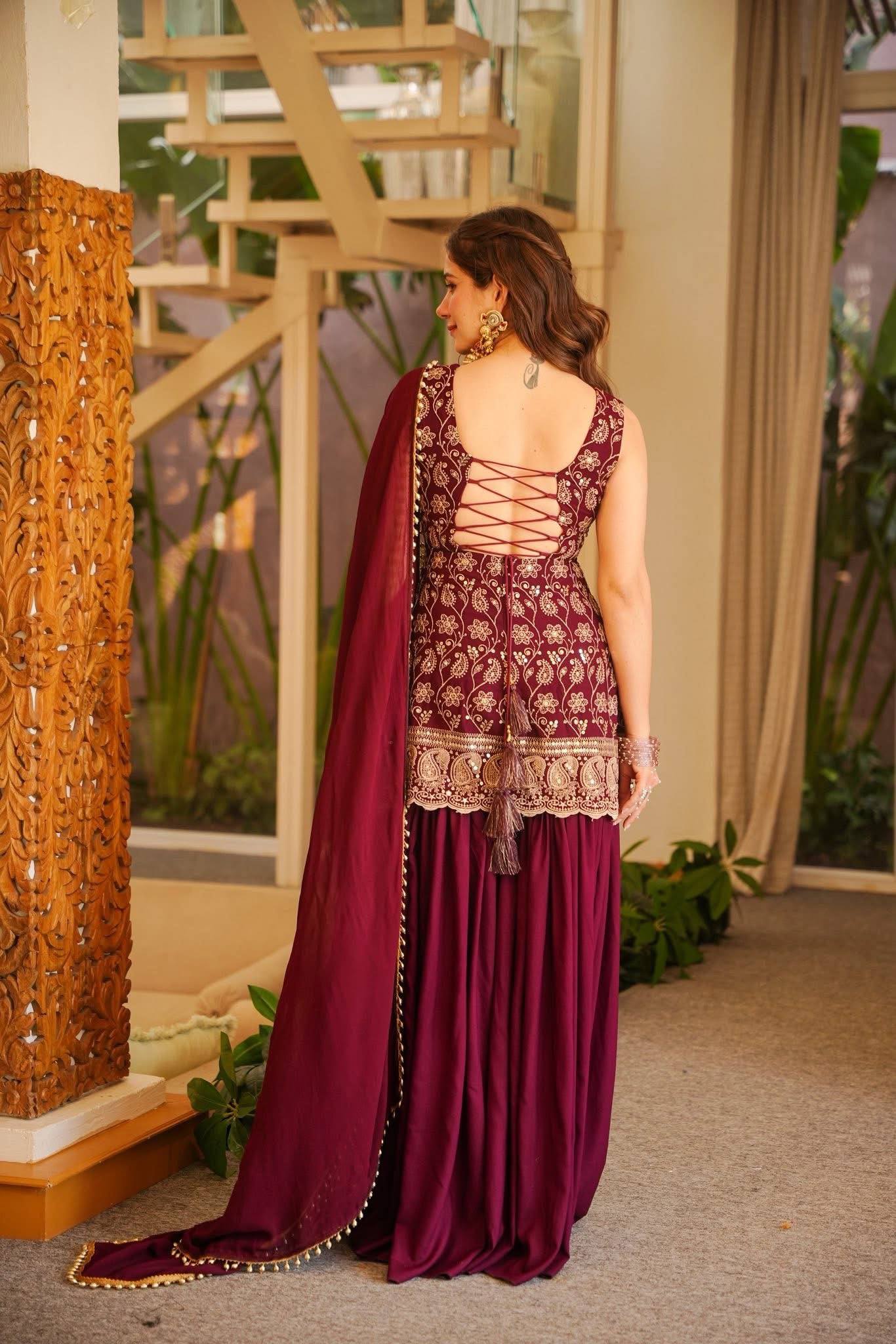Designer Wine Sharara Suit Set for Women | Heavy Embroidered Party Wear Sharara with Dupatta