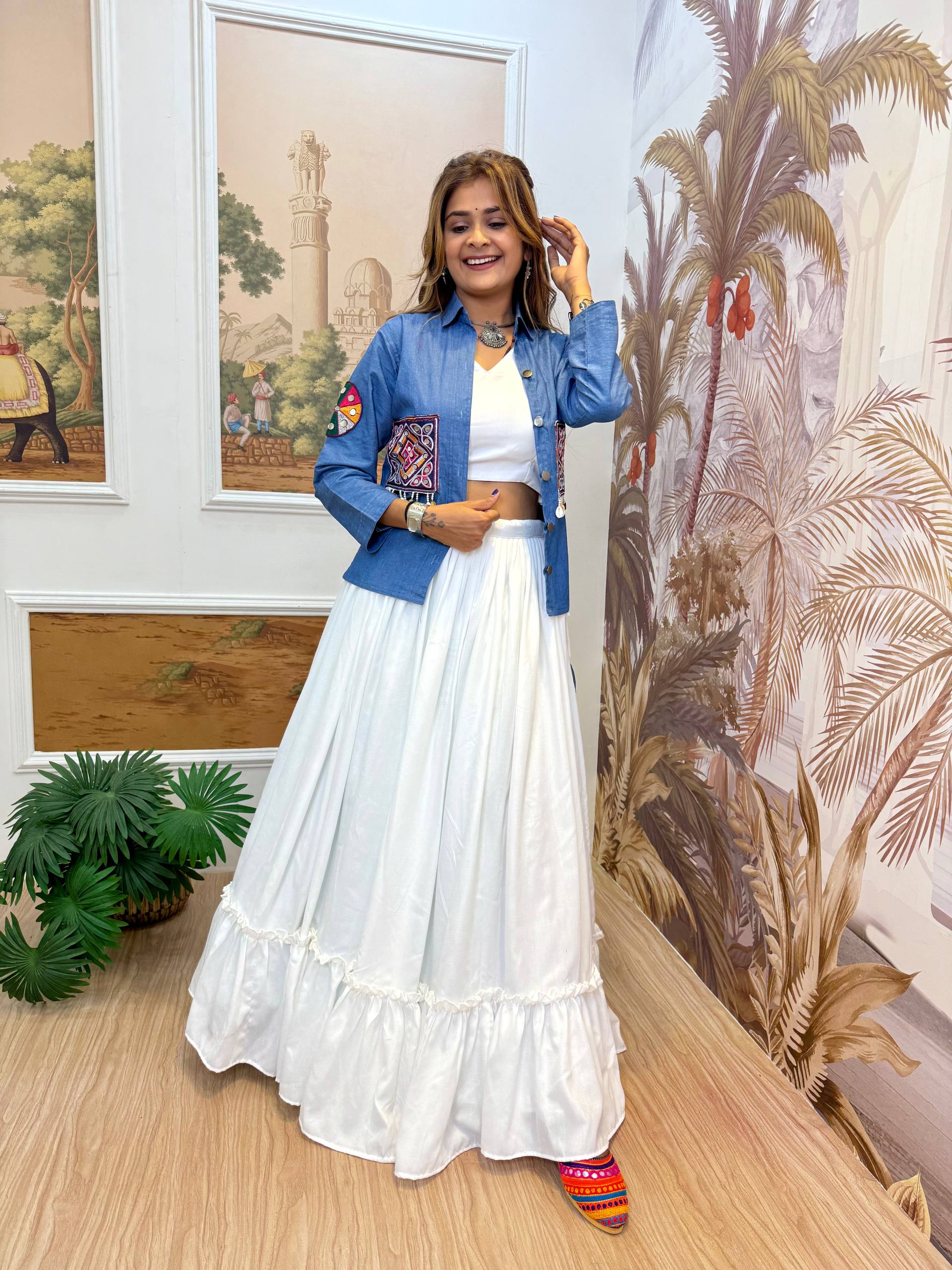 Navratri Premium Pure Cotton Denim Koti with White Lehenga & Blouse Set for Women | Embroidered Indo-Western Ethnic Wear