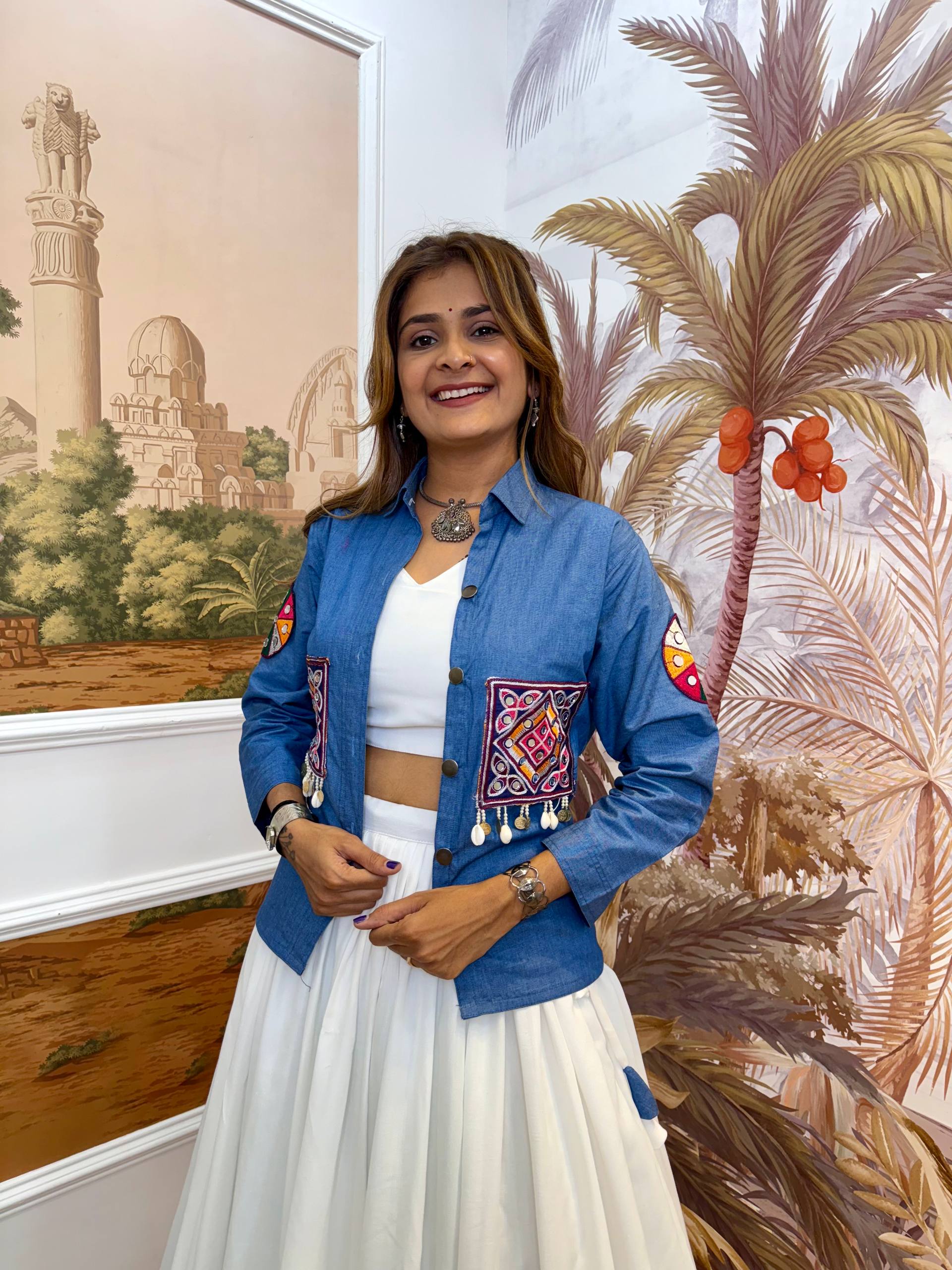 Navratri Premium Pure Cotton Denim Koti with White Lehenga & Blouse Set for Women | Embroidered Indo-Western Ethnic Wear