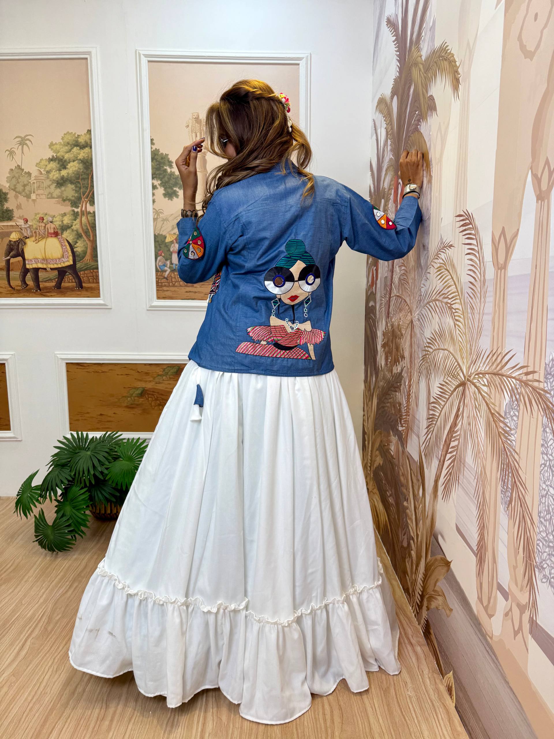 Navratri Premium Pure Cotton Denim Koti with White Lehenga & Blouse Set for Women | Embroidered Indo-Western Ethnic Wear