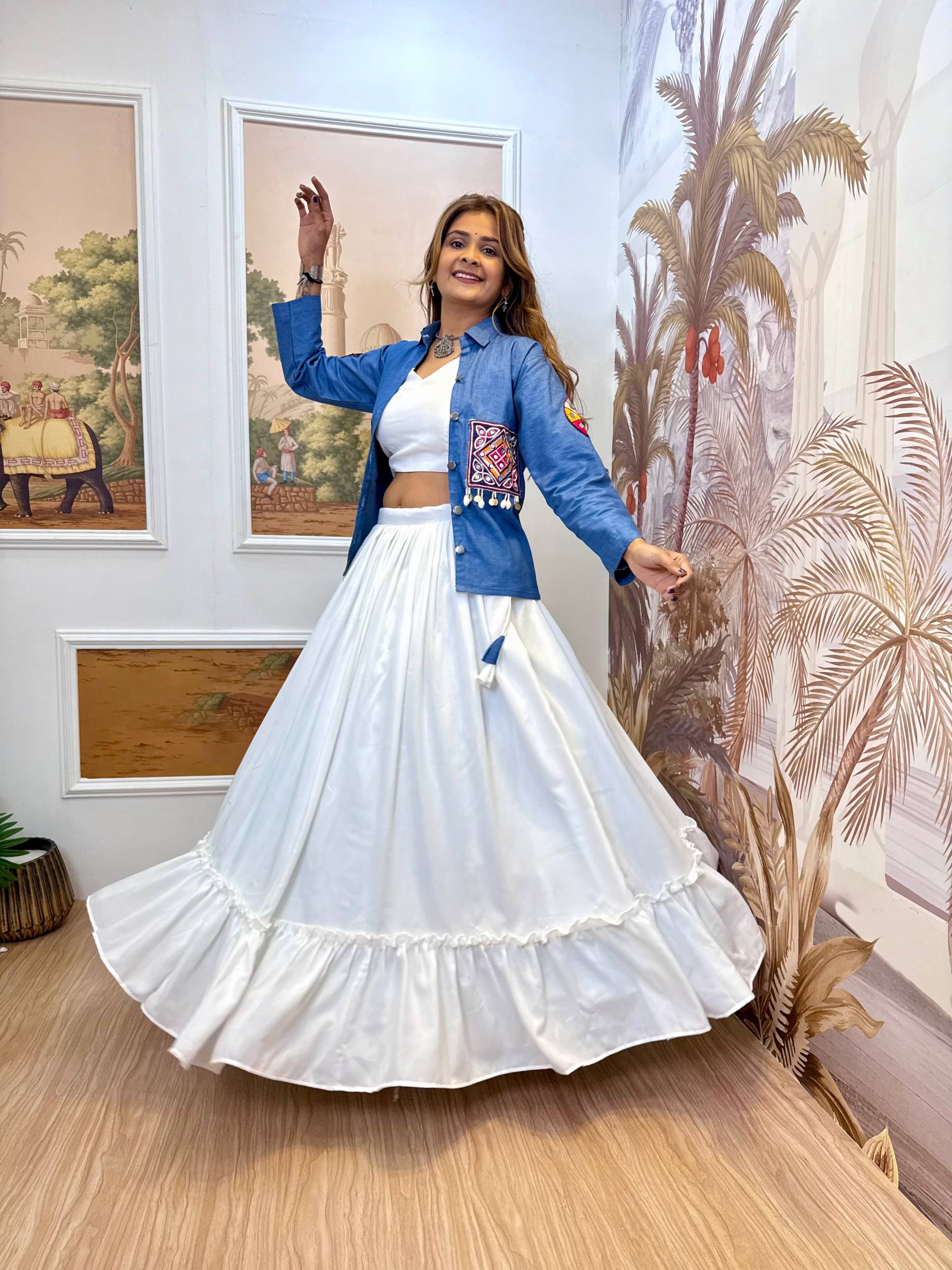 Navratri Premium Pure Cotton Denim Koti with White Lehenga & Blouse Set for Women | Embroidered Indo-Western Ethnic Wear