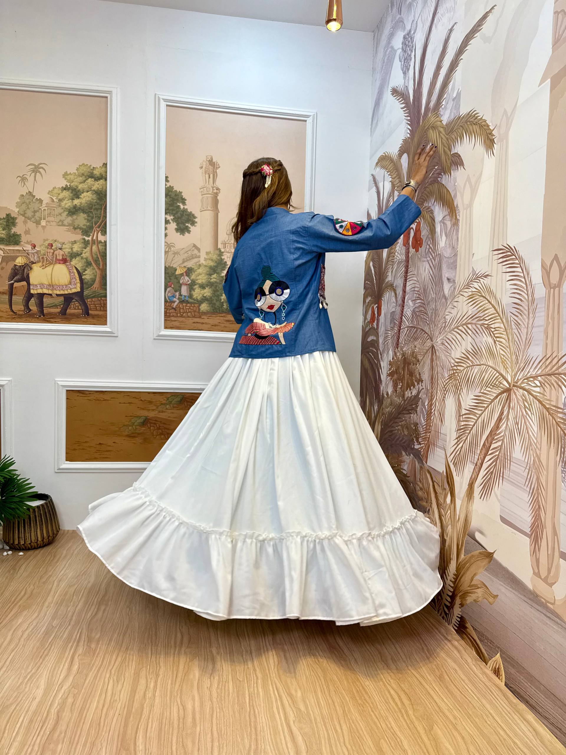 Navratri Premium Pure Cotton Denim Koti with White Lehenga & Blouse Set for Women | Embroidered Indo-Western Ethnic Wear