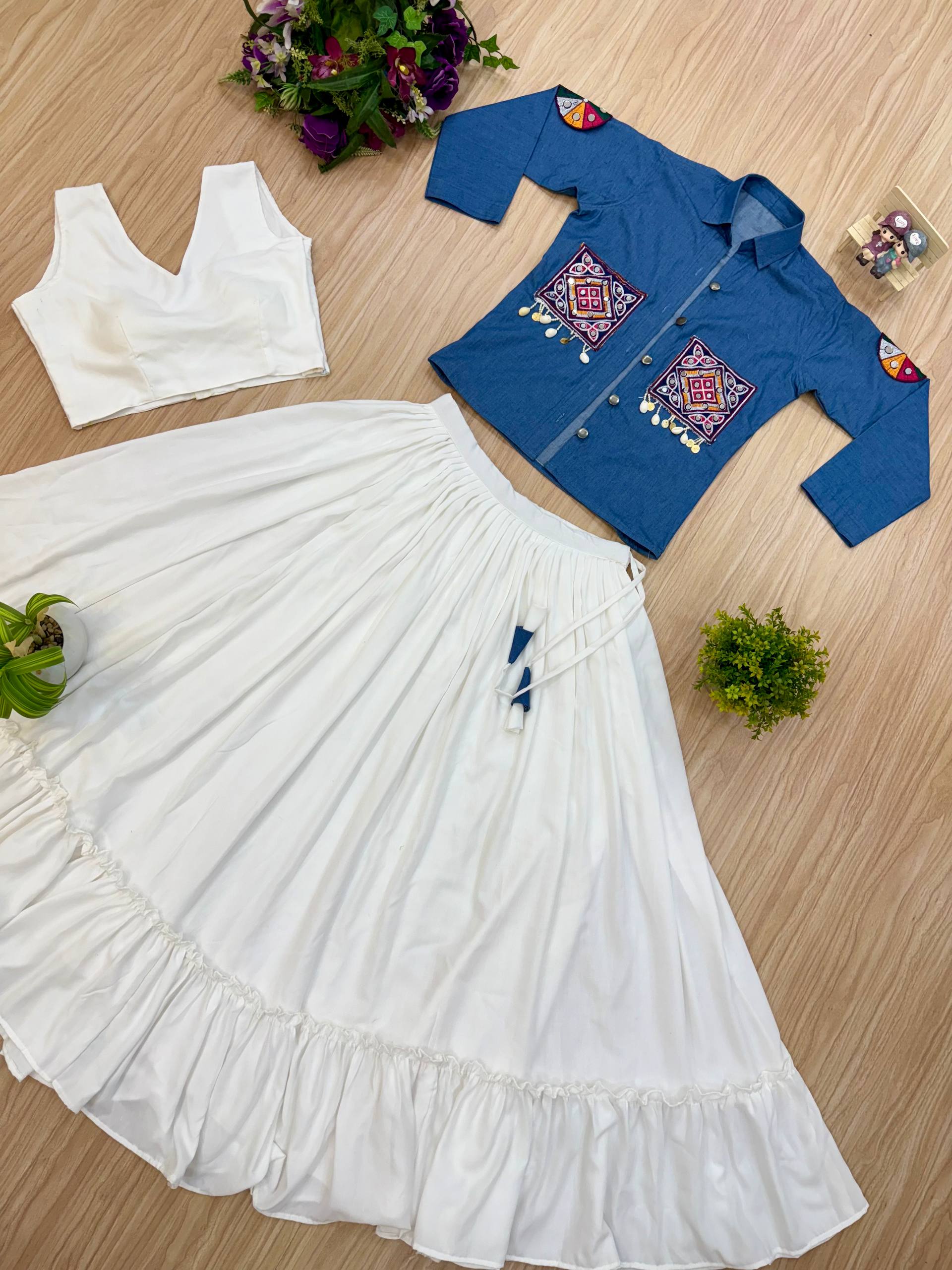 Navratri Premium Pure Cotton Denim Koti with White Lehenga & Blouse Set for Women | Embroidered Indo-Western Ethnic Wear