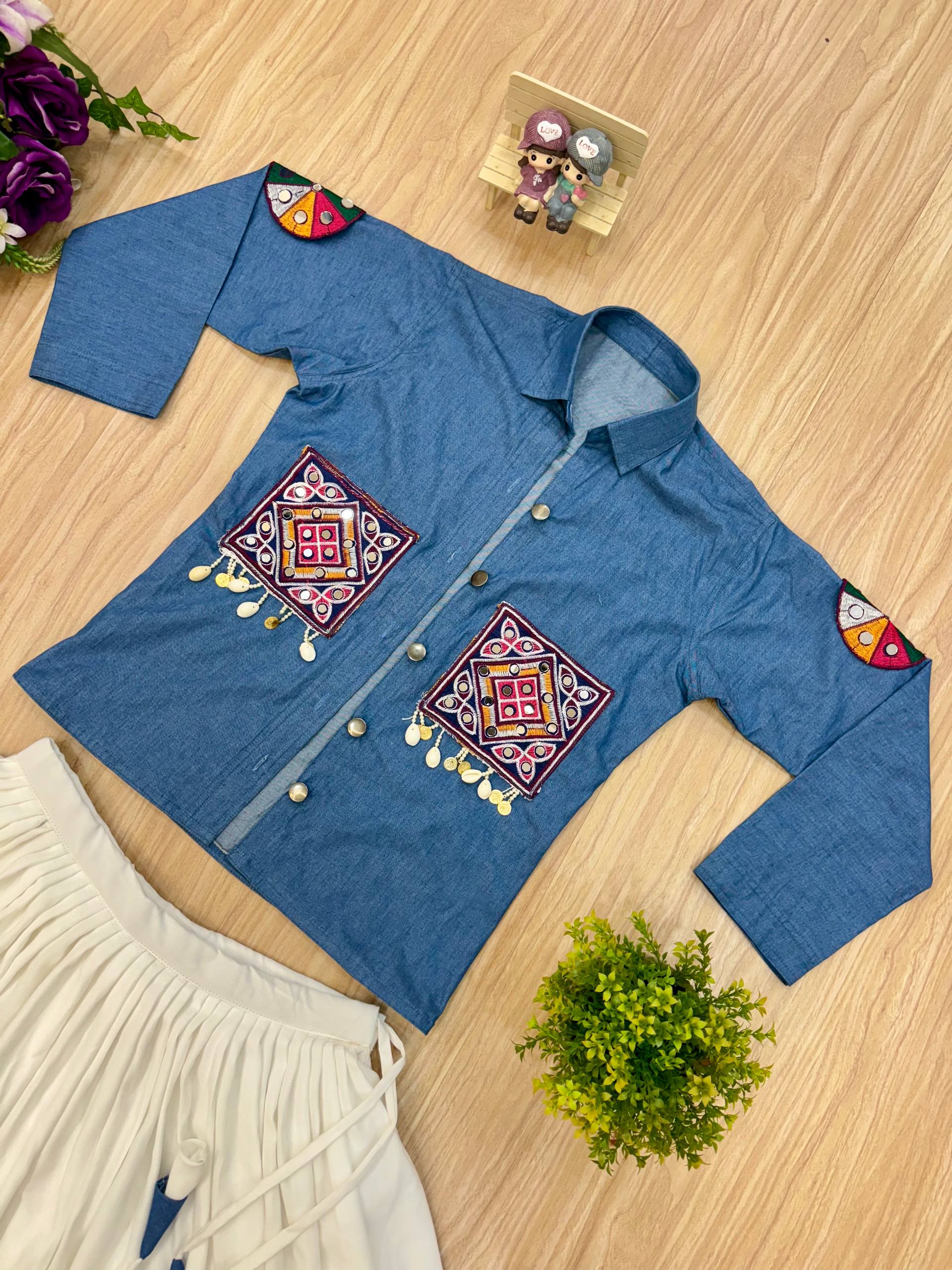 Navratri Premium Pure Cotton Denim Koti with White Lehenga & Blouse Set for Women | Embroidered Indo-Western Ethnic Wear