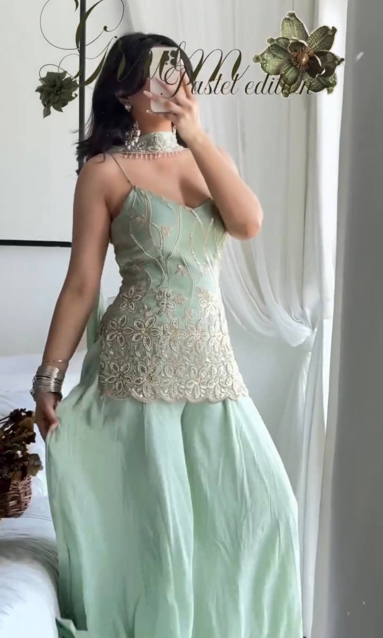 Mint Green Faux Georgette Embroidered Kurti Palazzo Set with Dupatta | Designer Party & Festive Wear Suit for Women