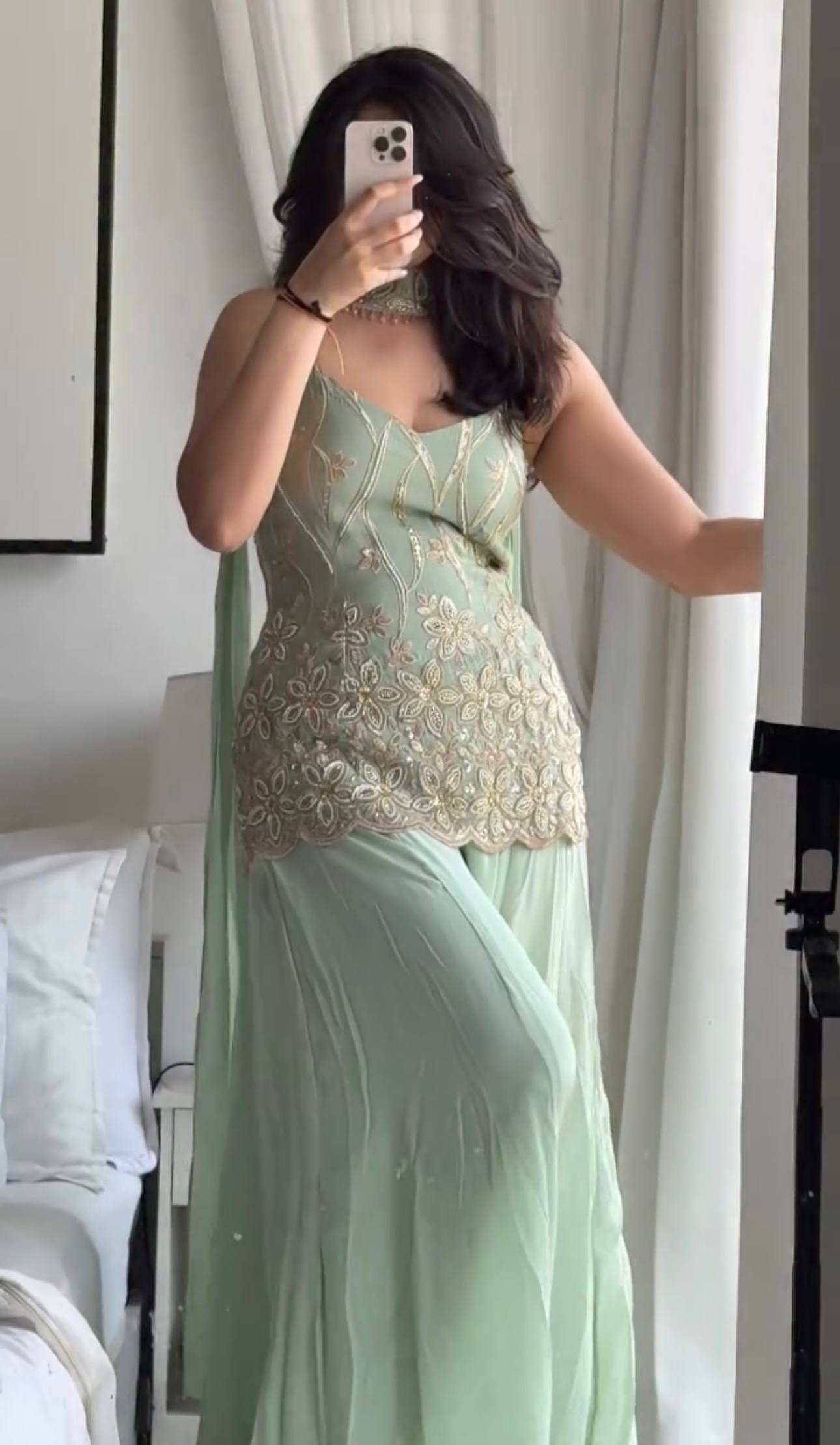 Mint Green Faux Georgette Embroidered Kurti Palazzo Set with Dupatta | Designer Party & Festive Wear Suit for Women