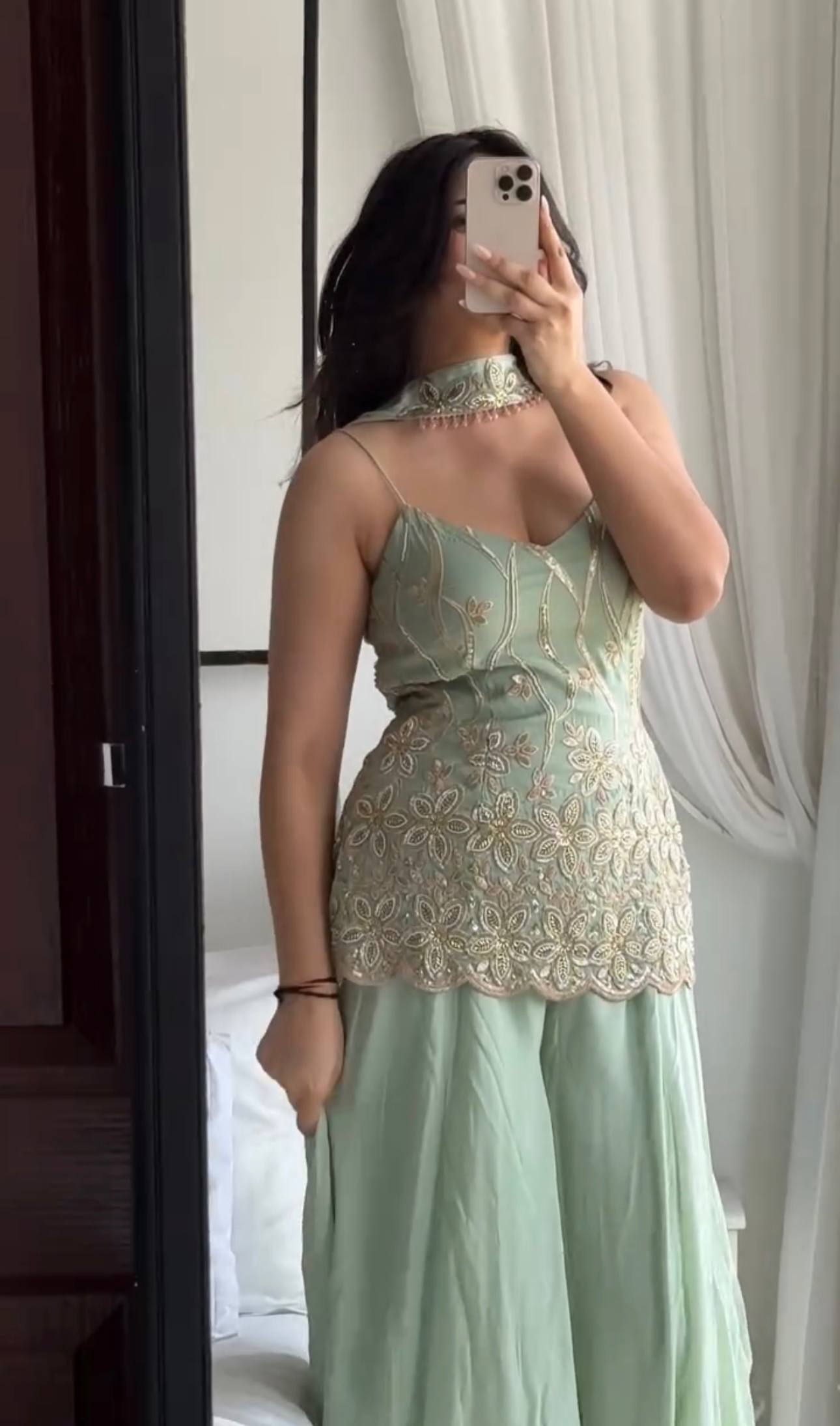 Mint Green Faux Georgette Embroidered Kurti Palazzo Set with Dupatta | Designer Party & Festive Wear Suit for Women