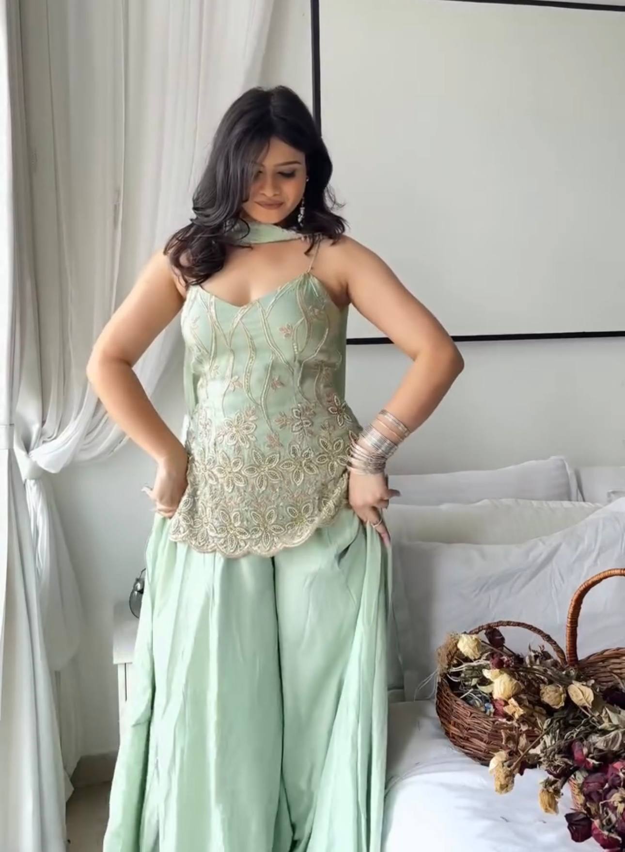 Mint Green Faux Georgette Embroidered Kurti Palazzo Set with Dupatta | Designer Party & Festive Wear Suit for Women